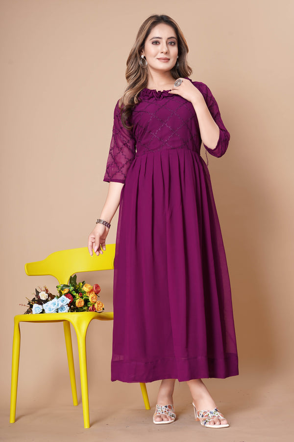 Women Georgette Fabric Embroidery Work A Line Plated Dress