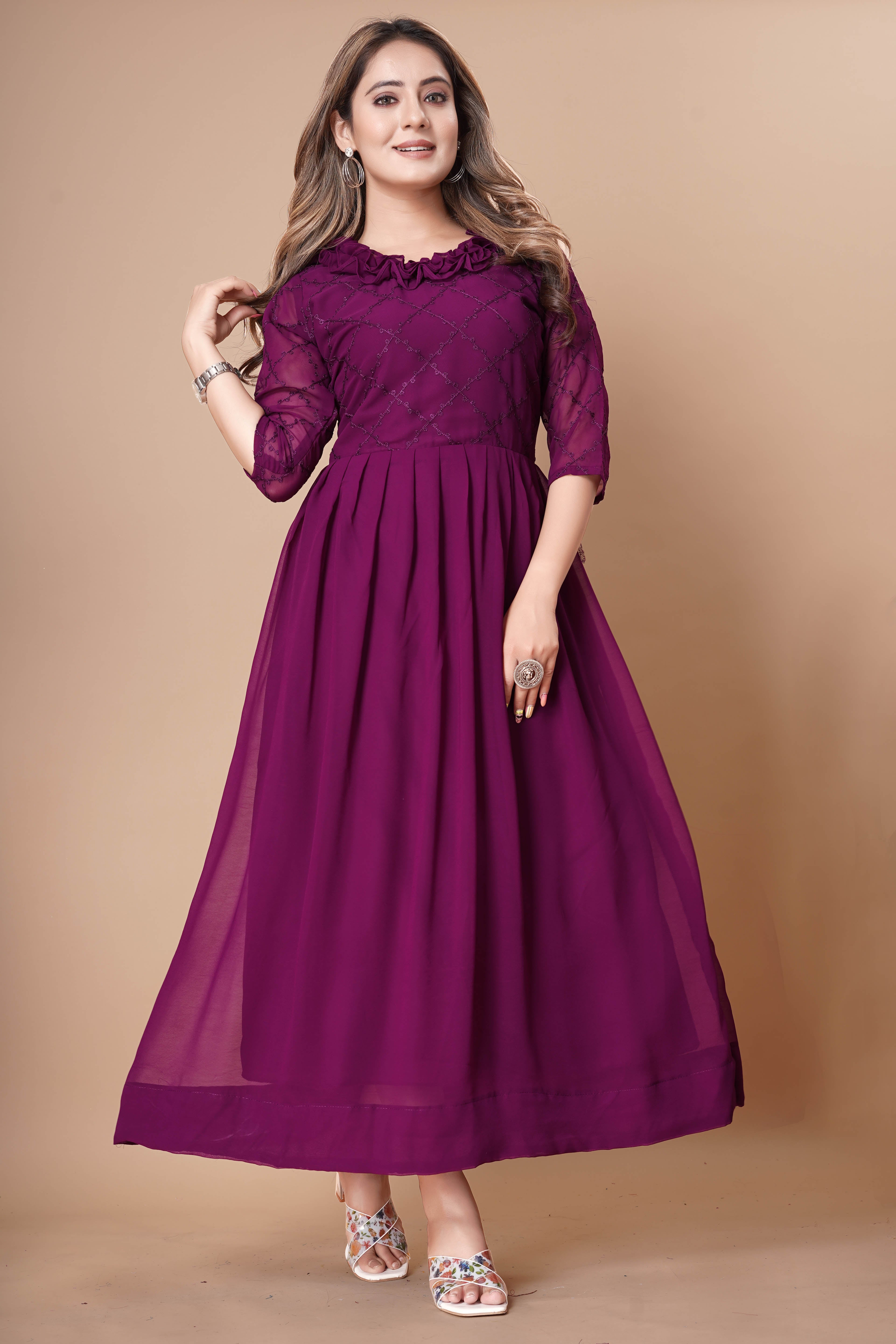 Women Georgette Fabric Embroidery Work A Line Plated Dress
