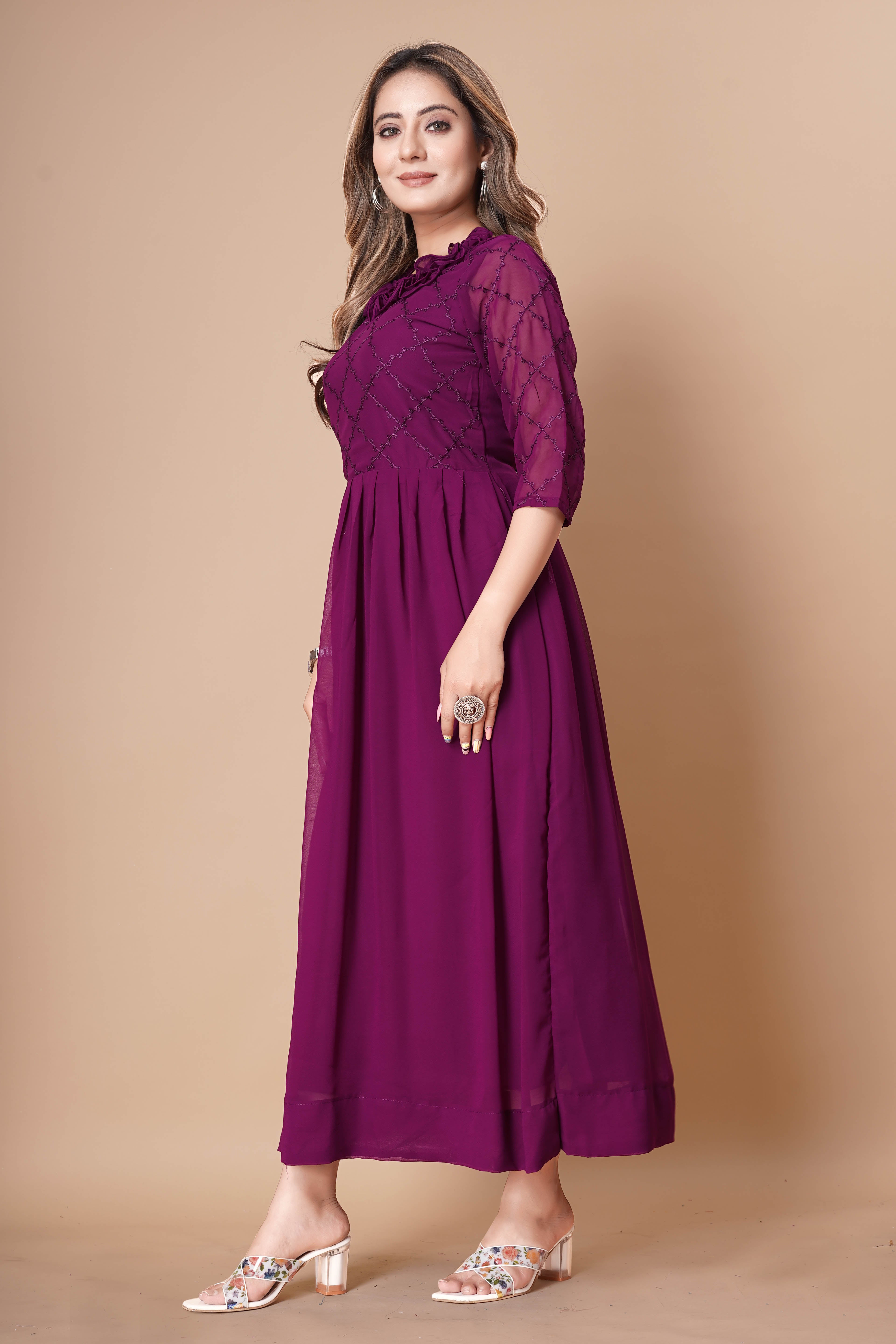 Women Georgette Fabric Embroidery Work A Line Plated Dress