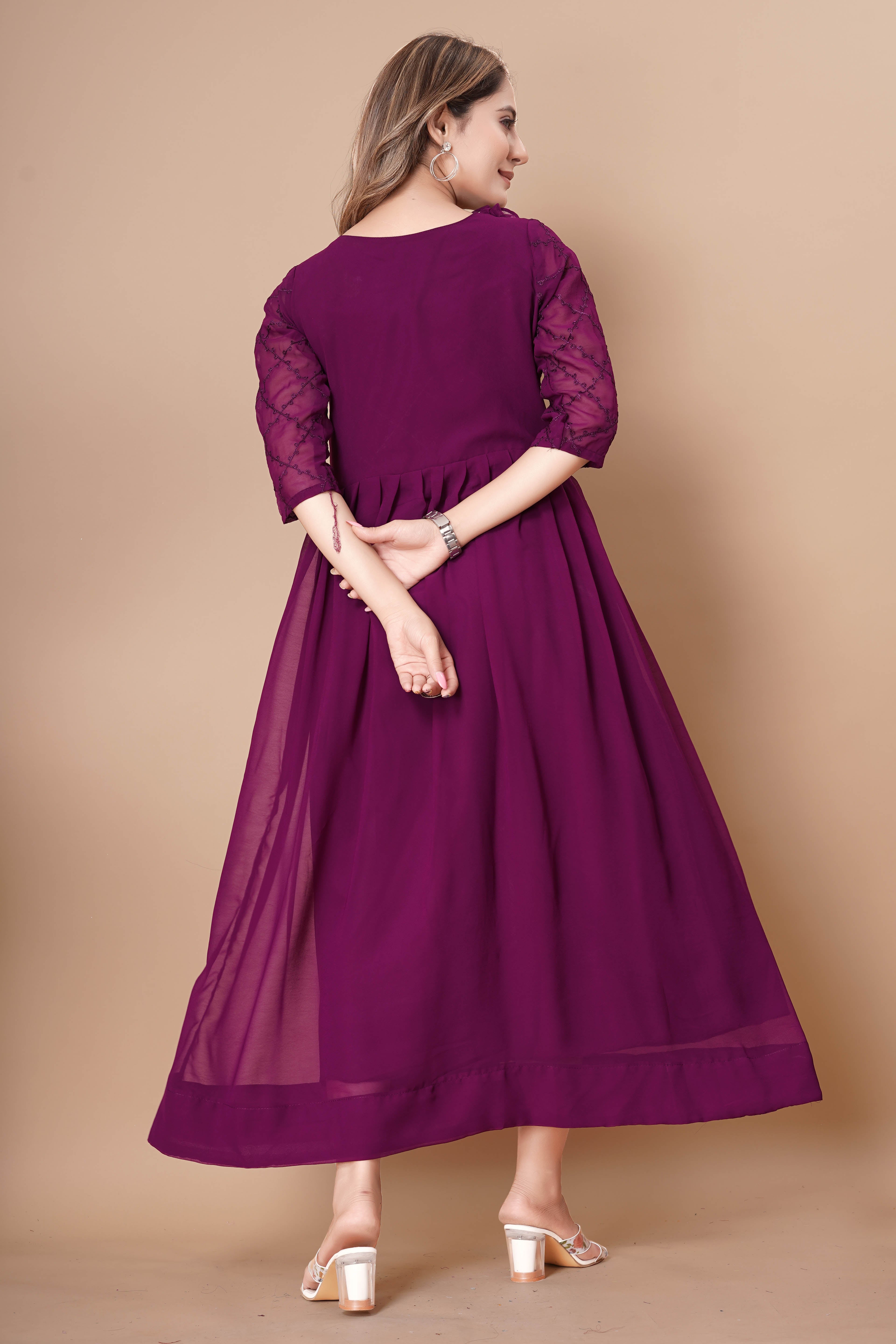 Women Georgette Fabric Embroidery Work A Line Plated Dress
