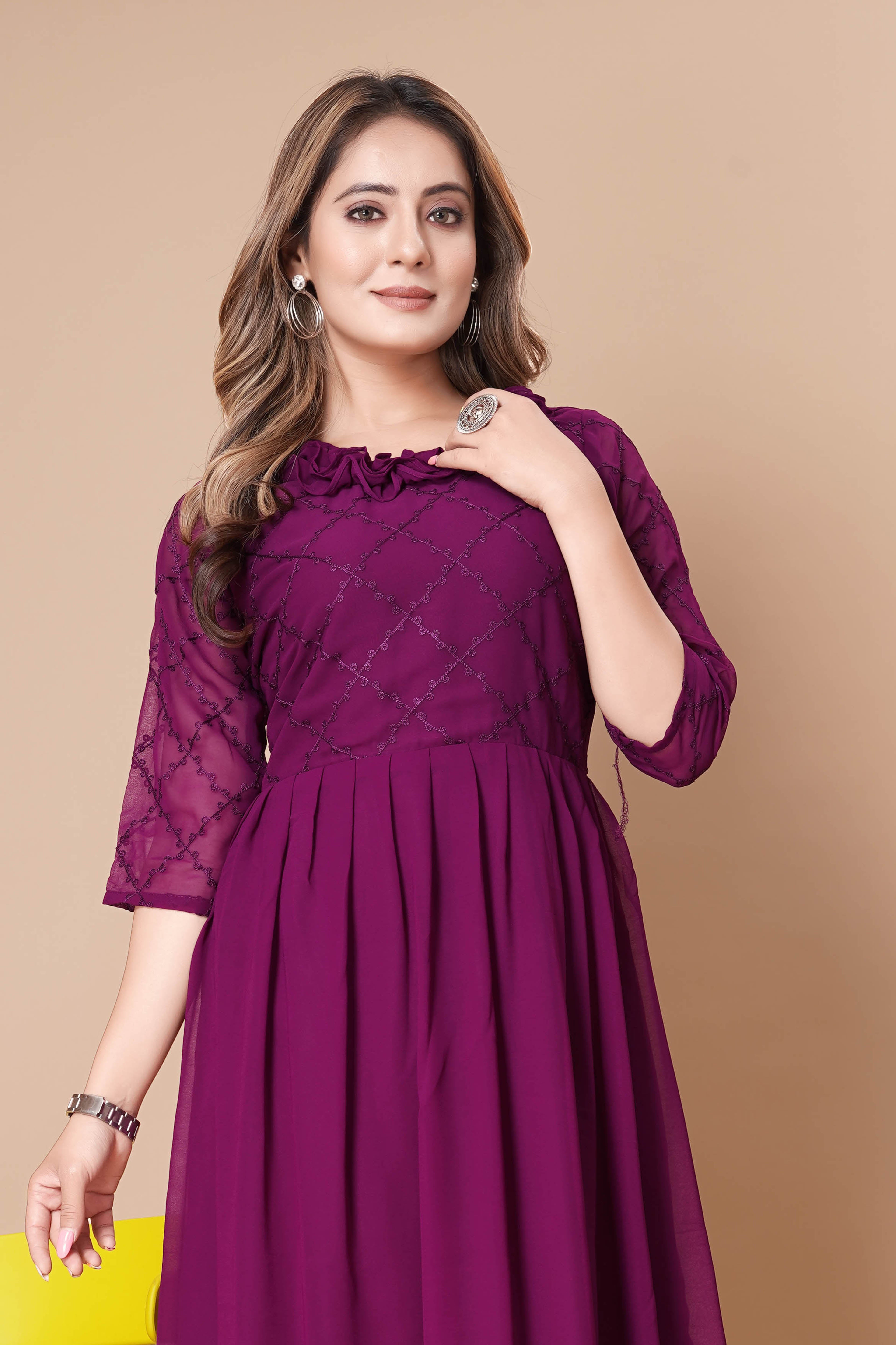 Women Georgette Fabric Embroidery Work A Line Plated Dress