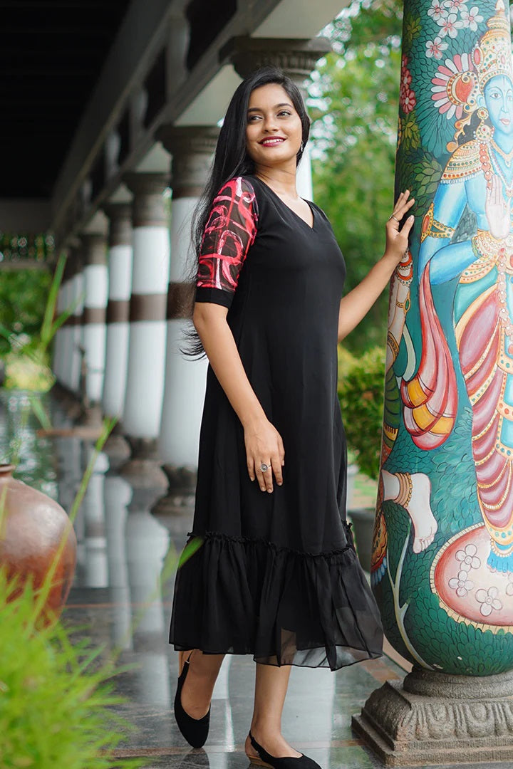 Women Georgette Fabric With Digital Print Sleeve Dress for Casual And Festival Look