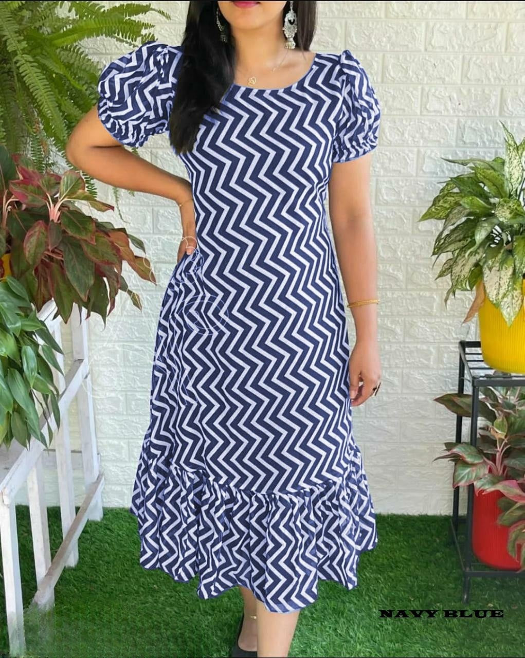 Digital Printed Creap Fabric Zik Zek Dress for Women