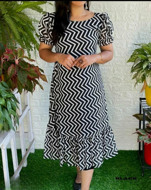 Digital Printed Creap Fabric Zik Zek Dress for Women