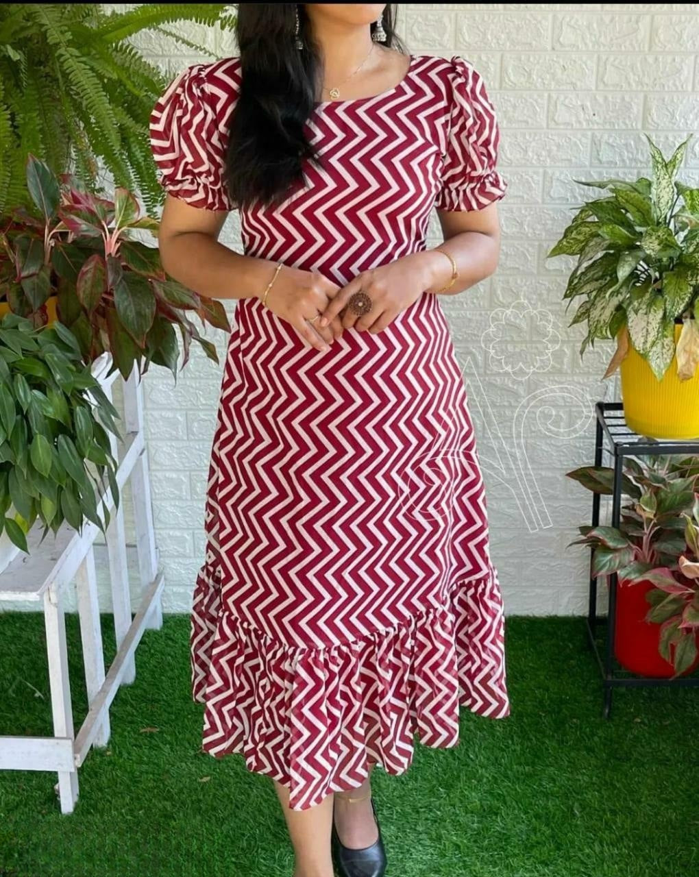 Digital Printed Creap Fabric Zik Zek Dress for Women