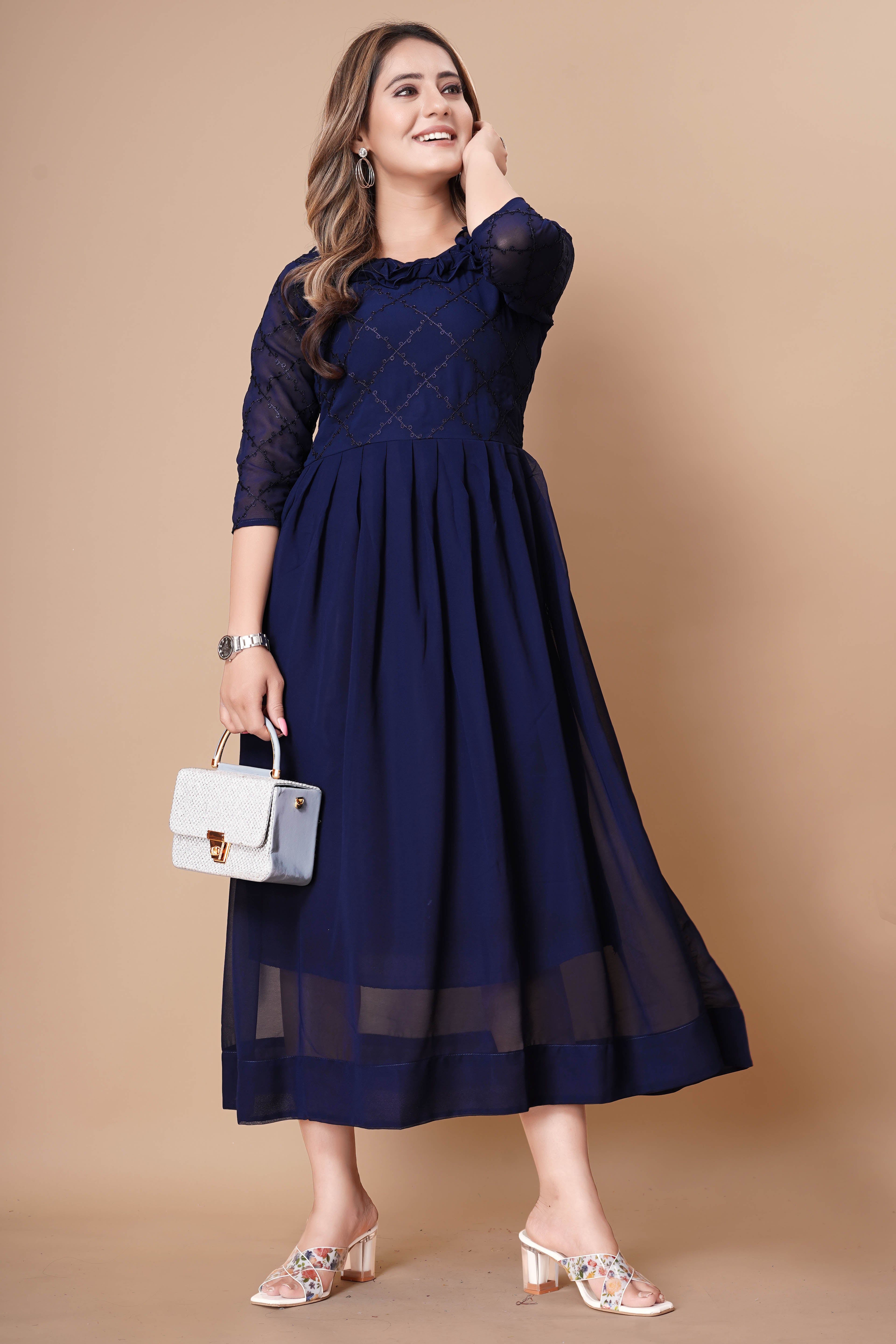Women Georgette Fabric Embroidery Work A Line Plated Dress