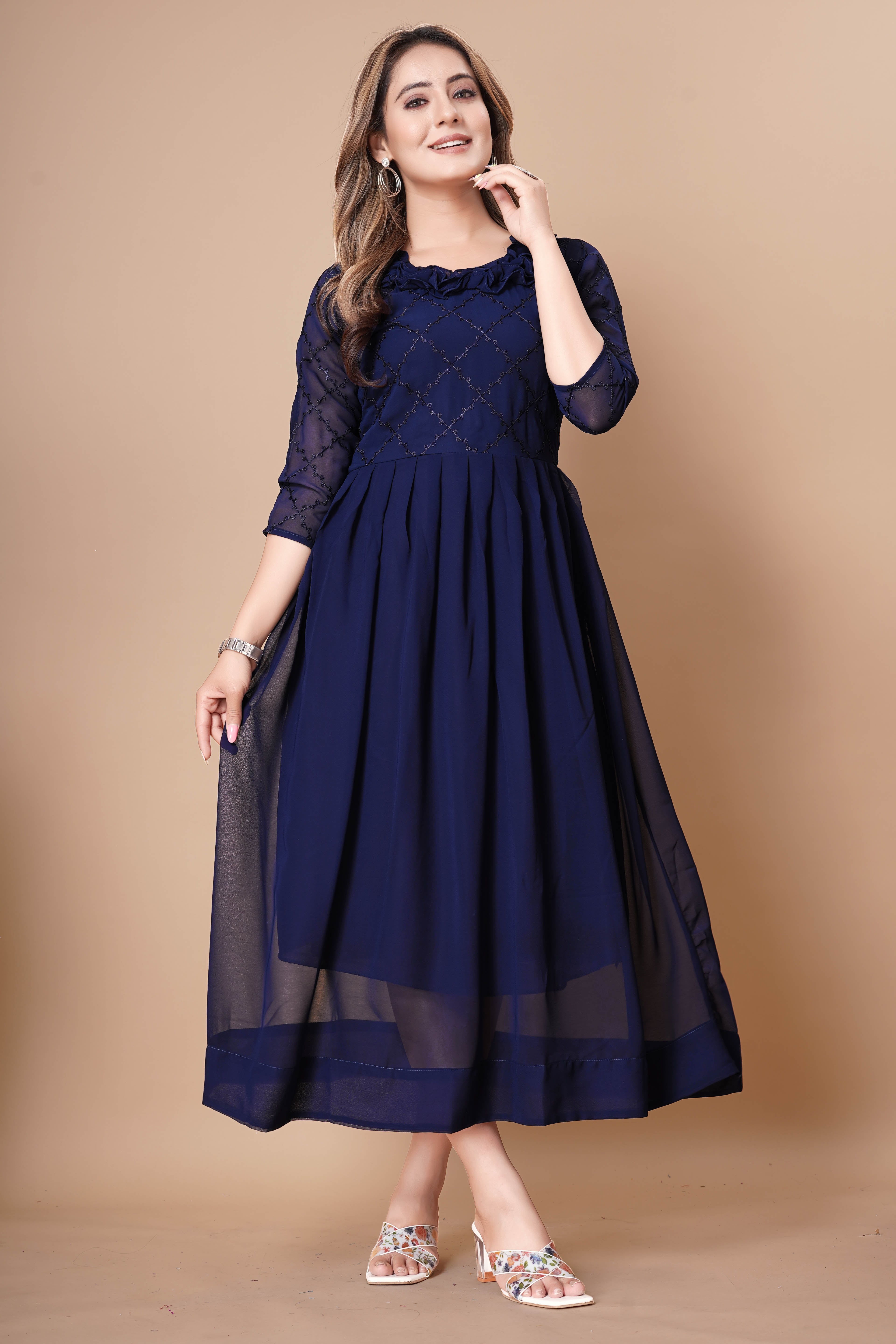 Women Georgette Fabric Embroidery Work A Line Plated Dress
