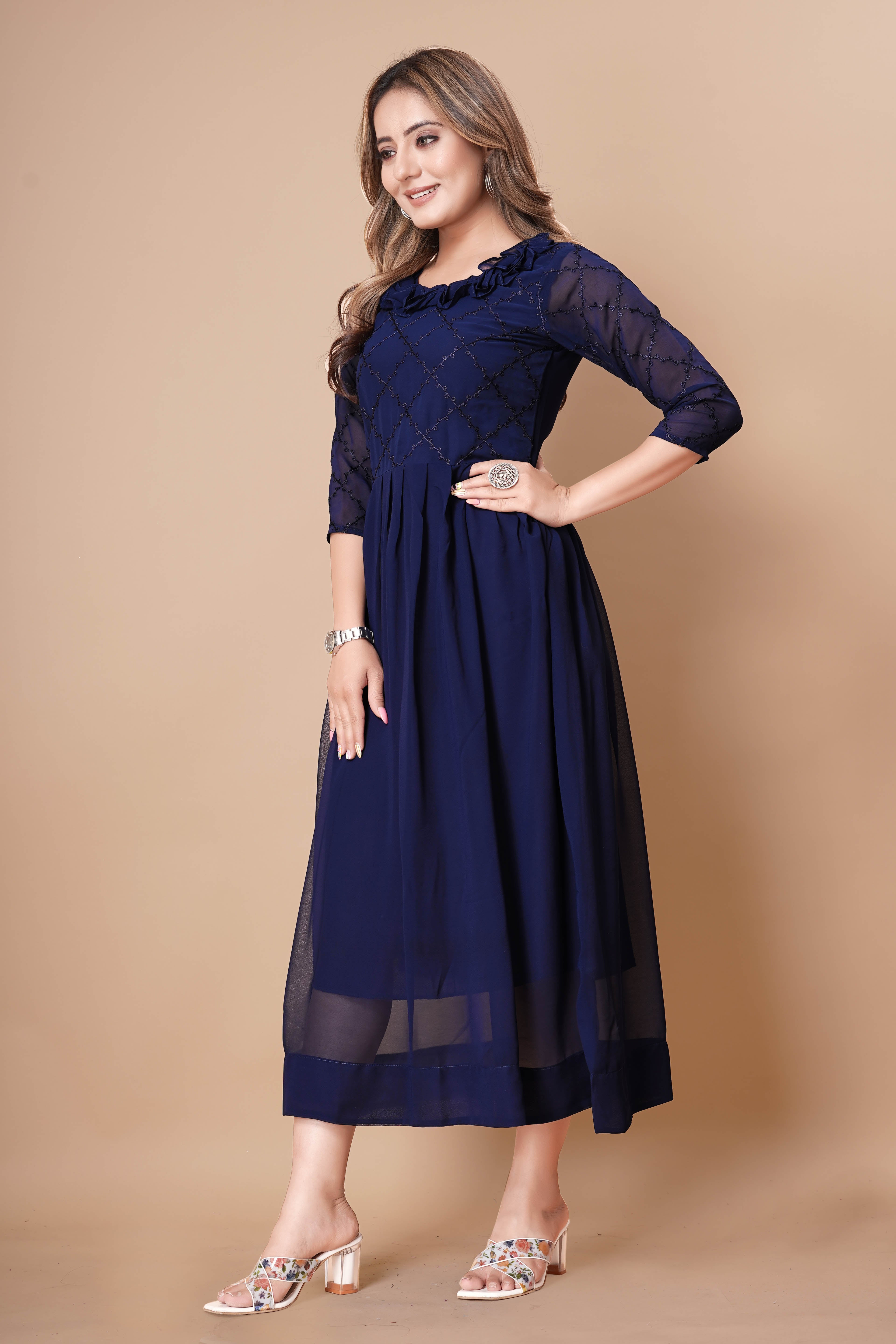 Women Georgette Fabric Embroidery Work A Line Plated Dress