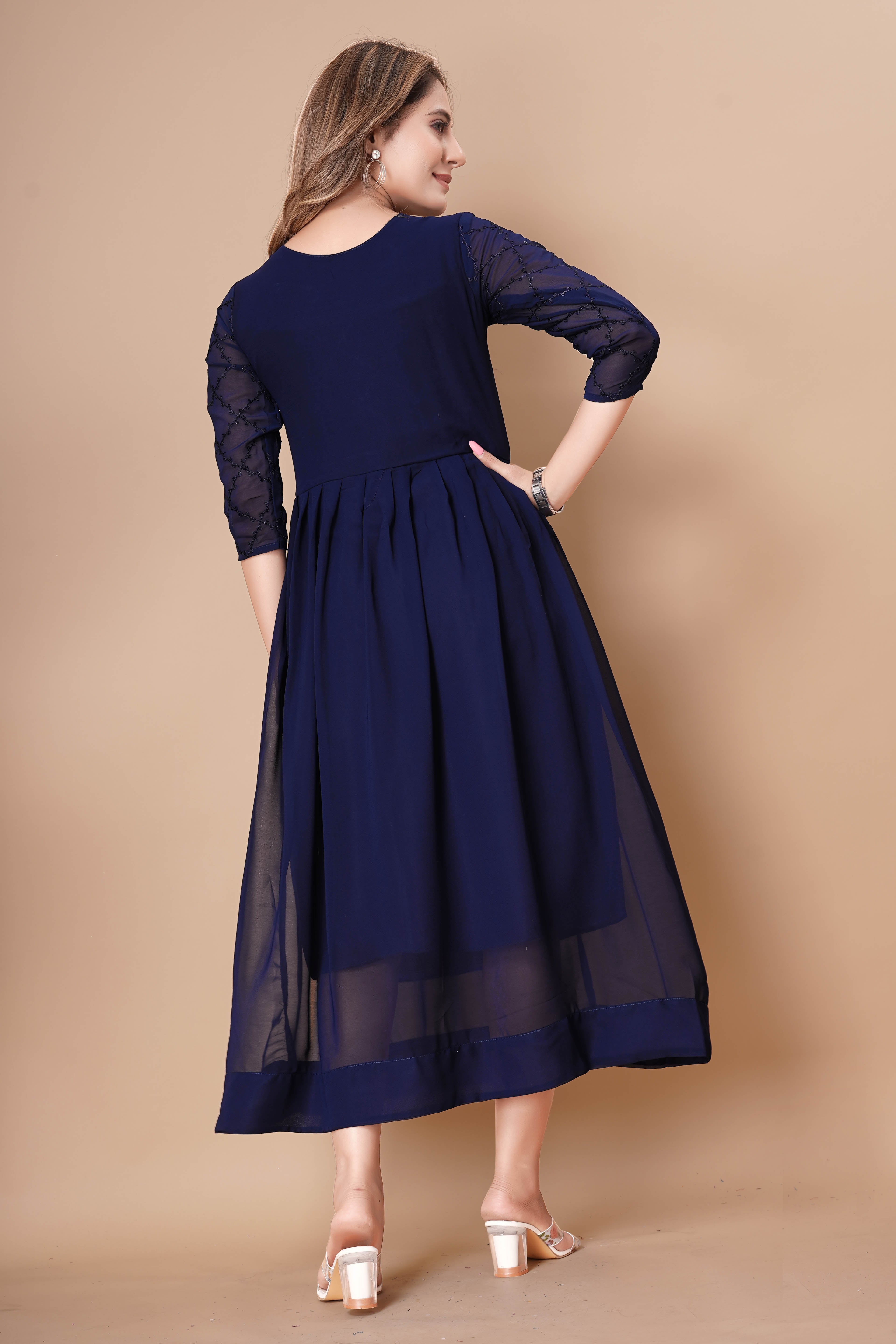 Women Georgette Fabric Embroidery Work A Line Plated Dress