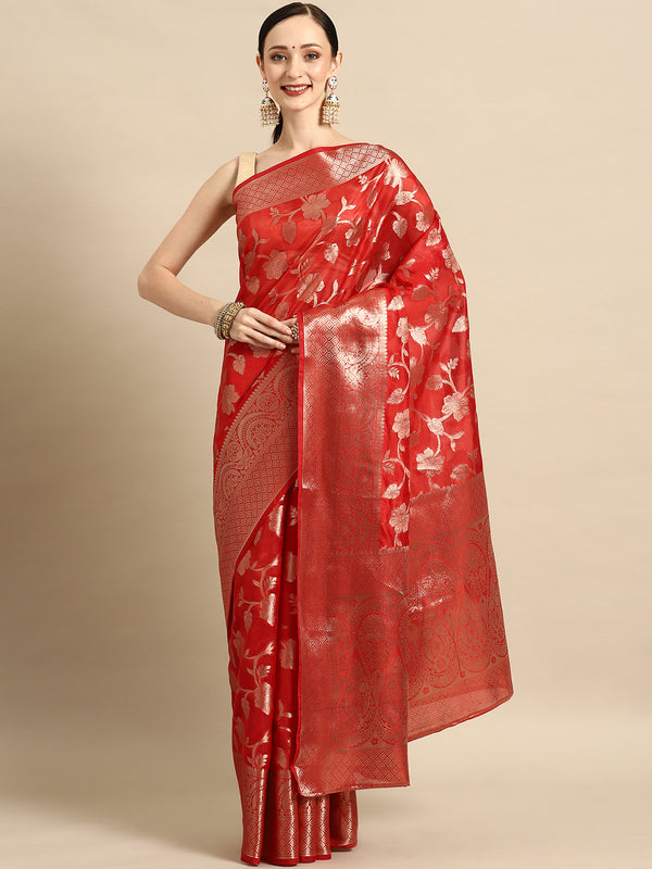 Bhanderi Fashion New Kanjeevaram Jaccard  Ethnic Motifs Zari Organza Saree With Brocade Blouse