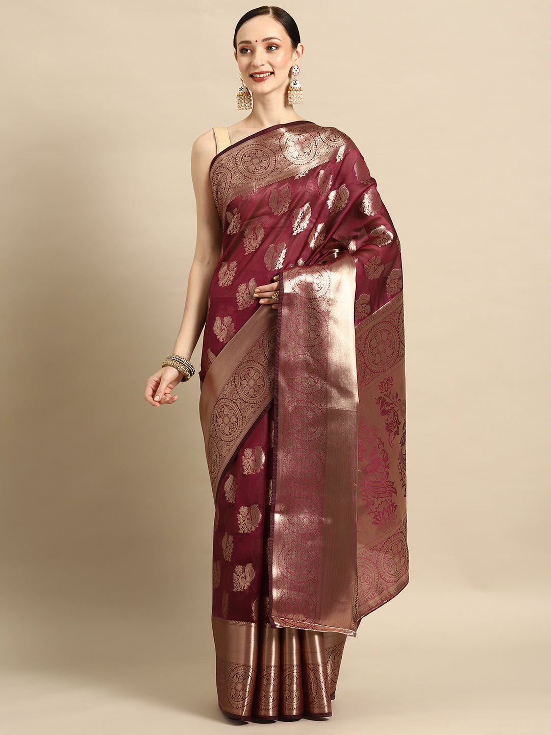 Bhanderi Fashion Latest Kanjeevaram Ethnic Motifs Zari Organza Saree With Brocade Blouse