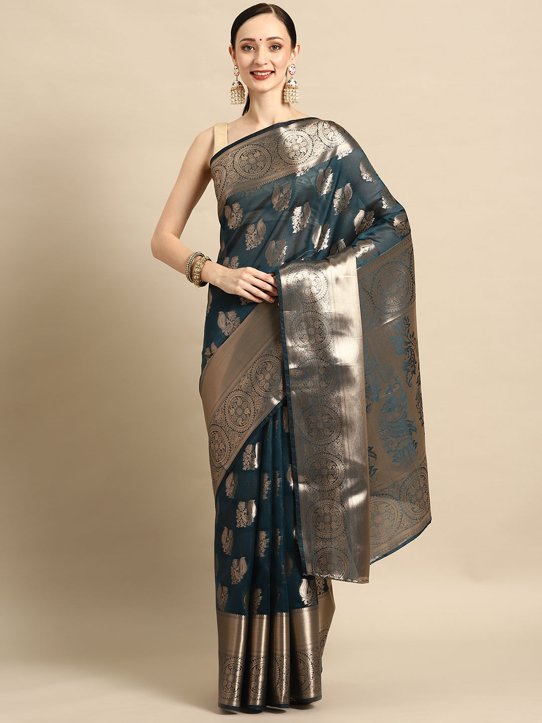 Bhanderi Fashion Latest Kanjeevaram Ethnic Motifs Zari Organza Saree With Brocade Blouse