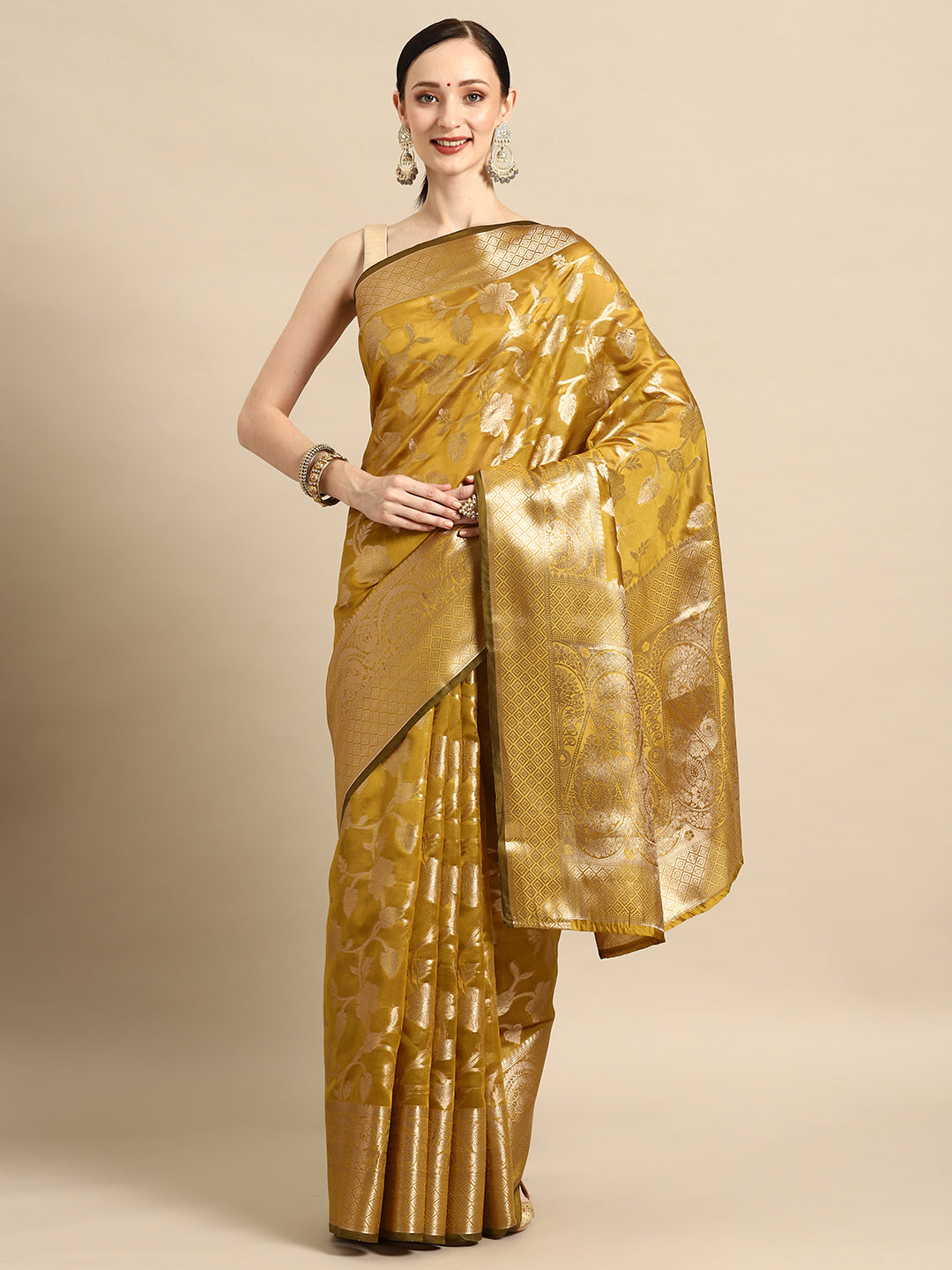 Bhanderi Fashion New Kanjeevaram Jaccard  Ethnic Motifs Zari Organza Saree With Brocade Blouse