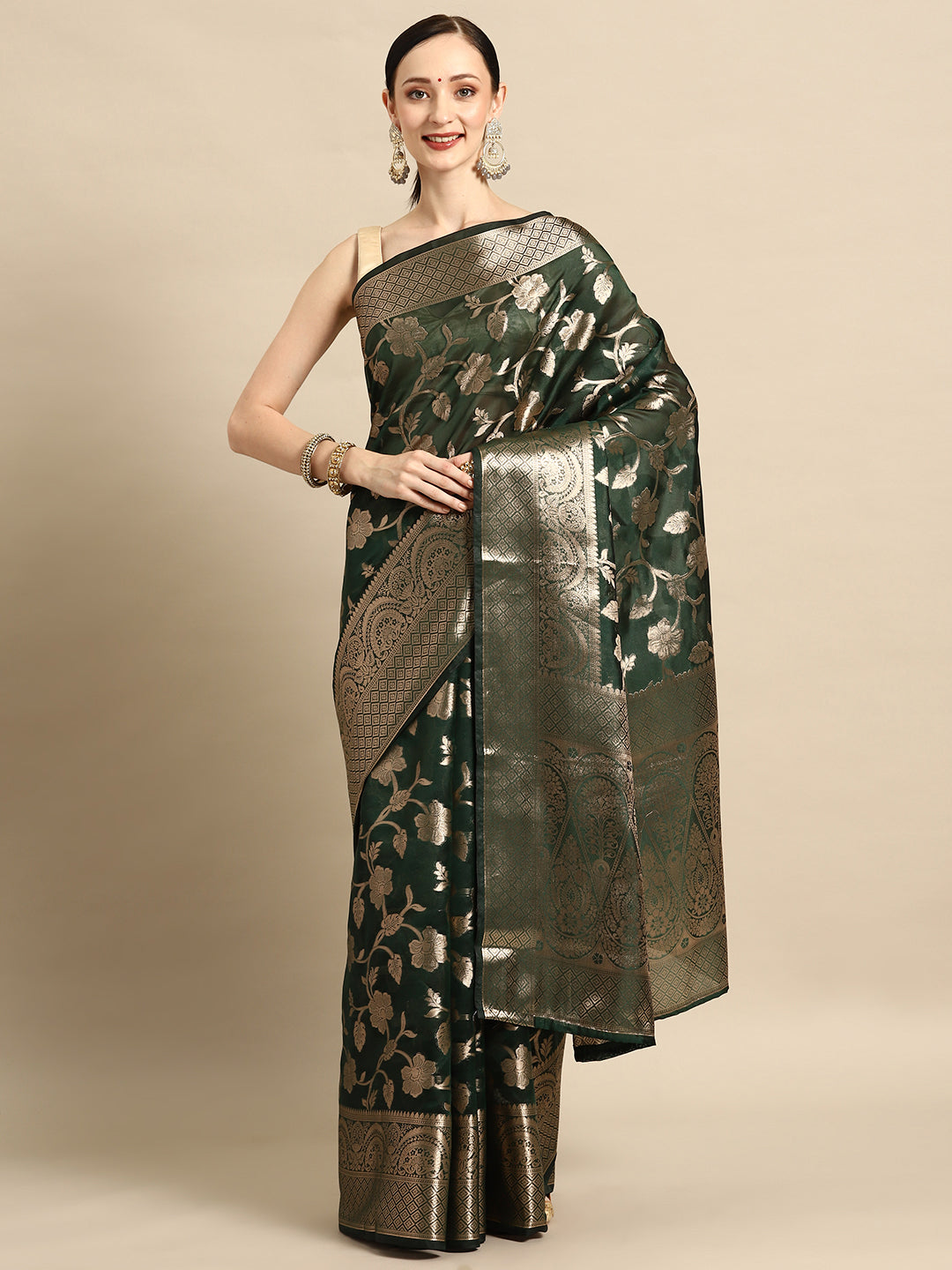Bhanderi Fashion New Kanjeevaram Jaccard  Ethnic Motifs Zari Organza Saree With Brocade Blouse