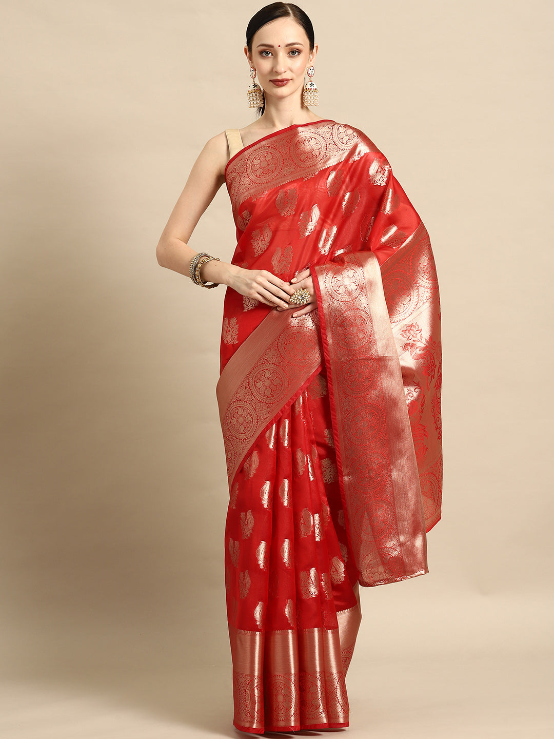 Bhanderi Fashion Latest Kanjeevaram Ethnic Motifs Zari Organza Saree With Brocade Blouse