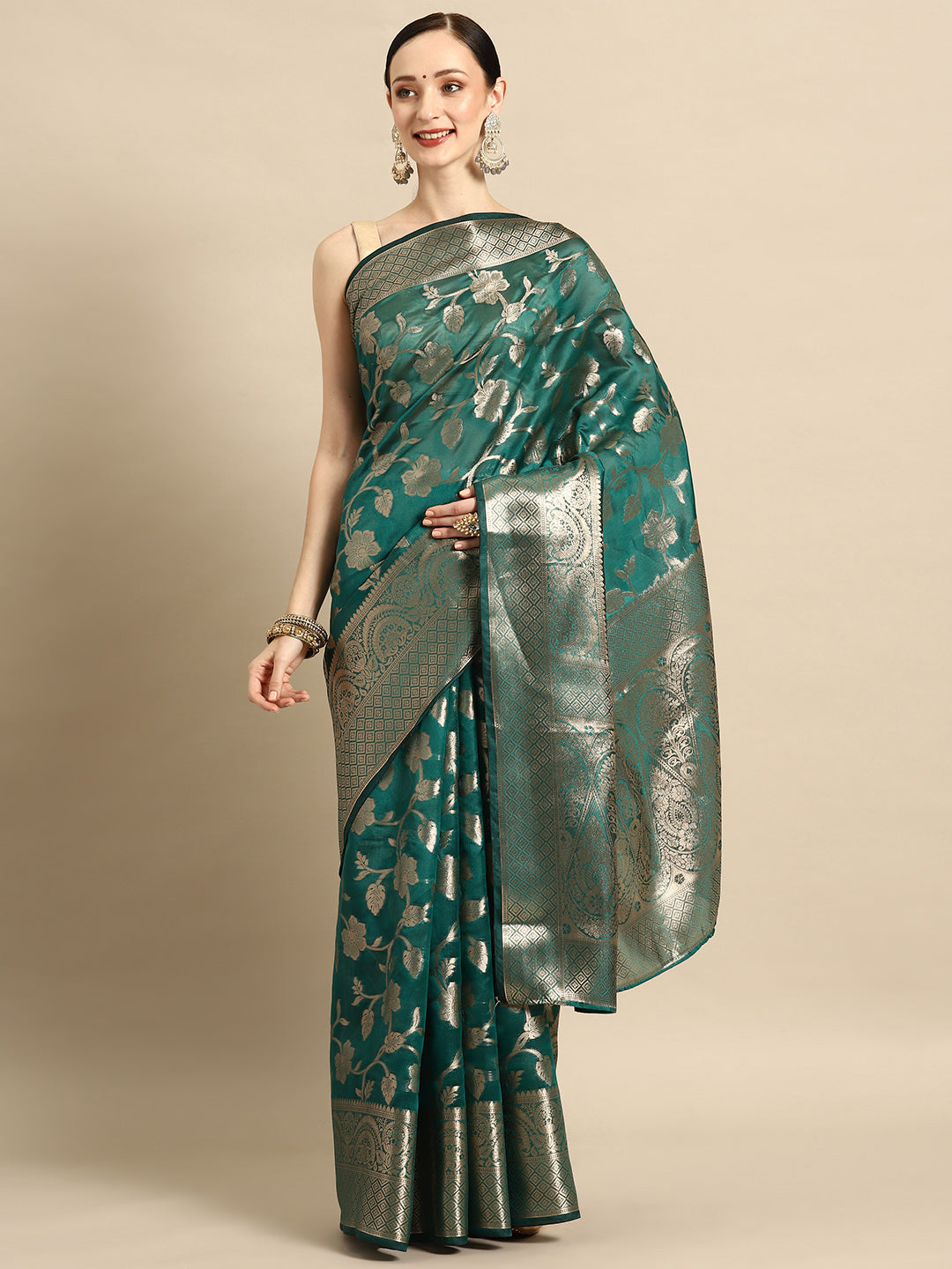 Bhanderi Fashion New Kanjeevaram Jaccard  Ethnic Motifs Zari Organza Saree With Brocade Blouse