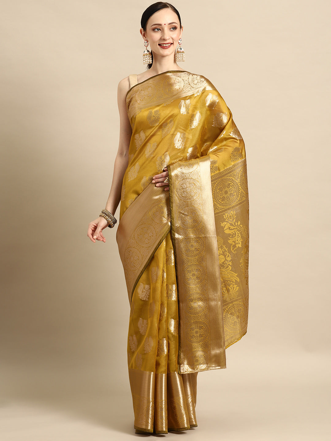 Bhanderi Fashion Latest Kanjeevaram Ethnic Motifs Zari Organza Saree With Brocade Blouse