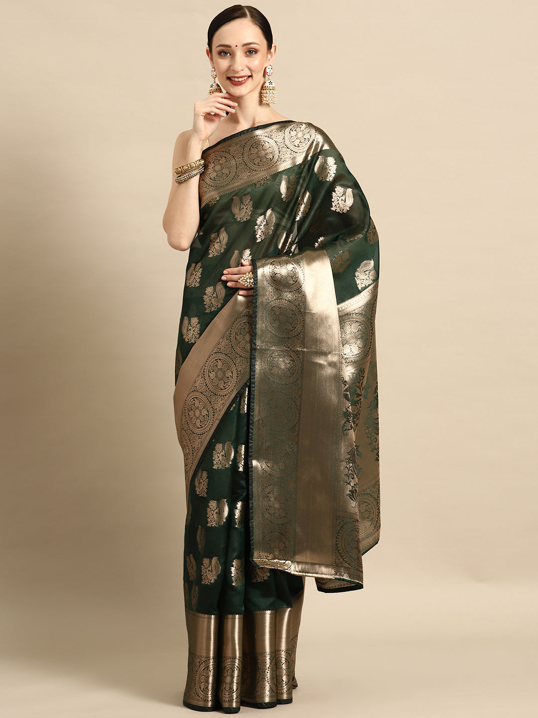 Bhanderi Fashion Latest Kanjeevaram Ethnic Motifs Zari Organza Saree With Brocade Blouse