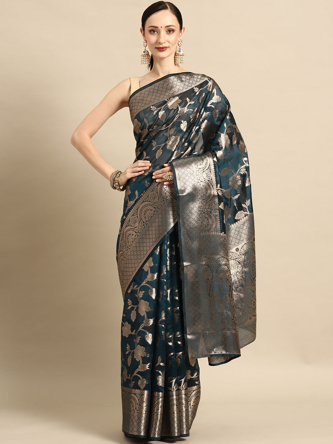 Bhanderi Fashion New Kanjeevaram Jaccard  Ethnic Motifs Zari Organza Saree With Brocade Blouse