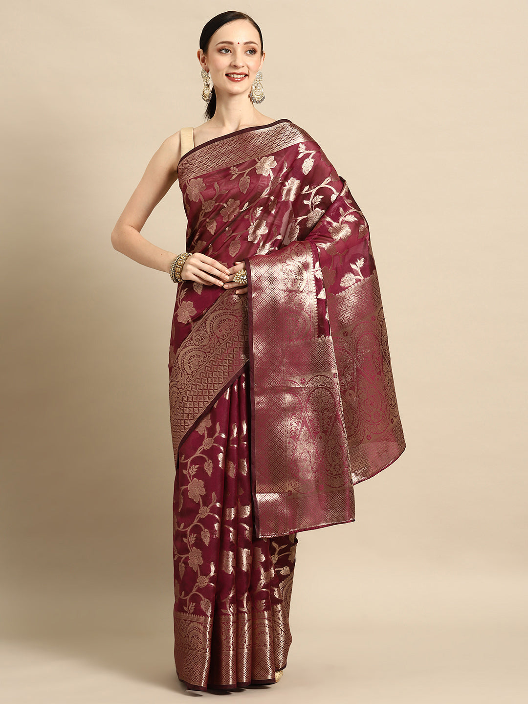 Bhanderi Fashion New Kanjeevaram Jaccard  Ethnic Motifs Zari Organza Saree With Brocade Blouse