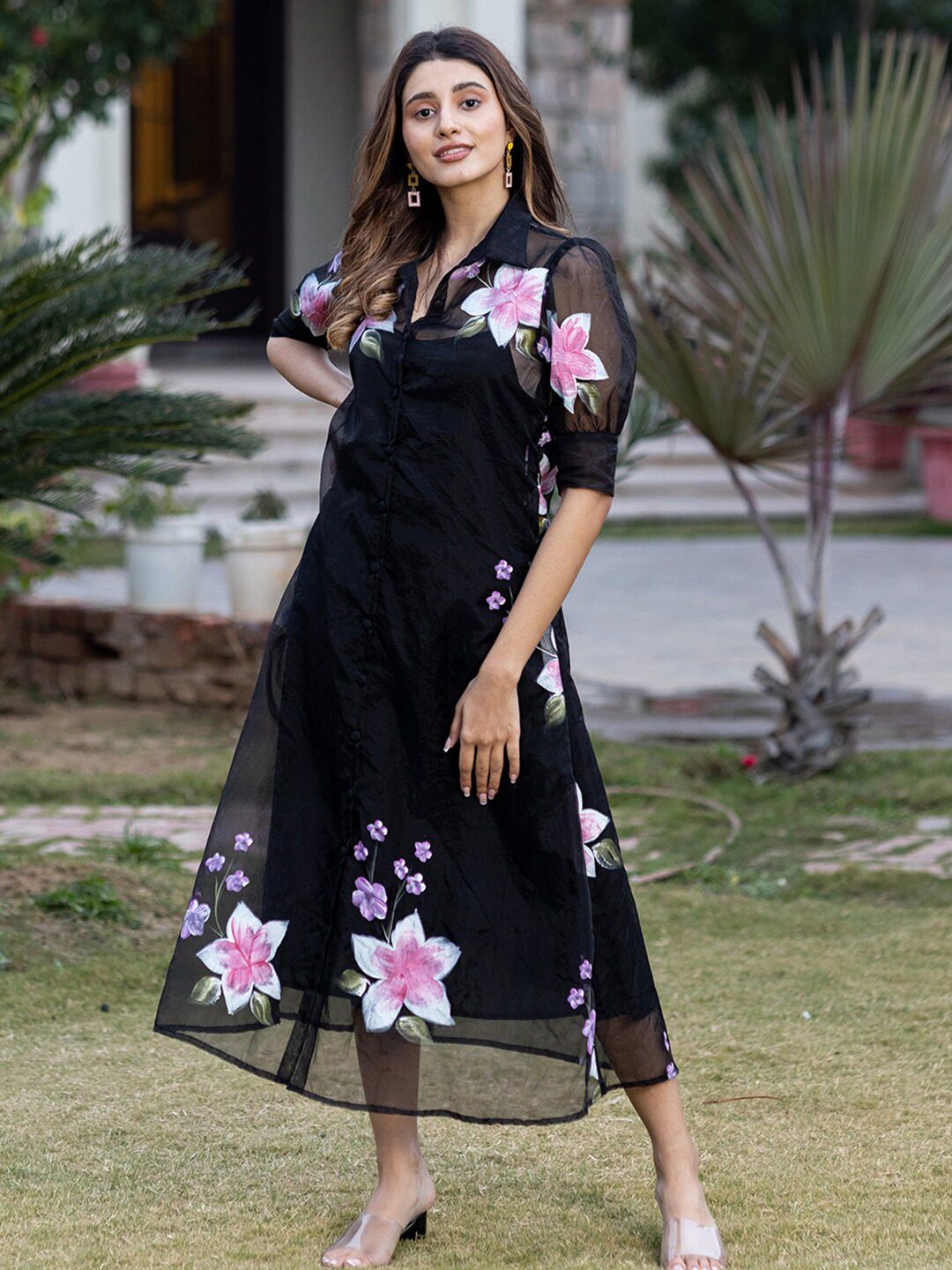 Bhanderi Fashion Orgenza With Floral Net A-Line Dress