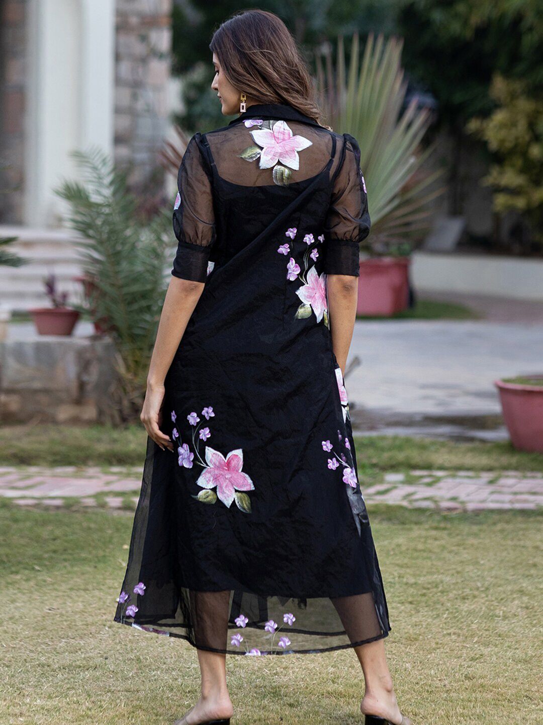 Bhanderi Fashion Orgenza With Floral Net A-Line Dress