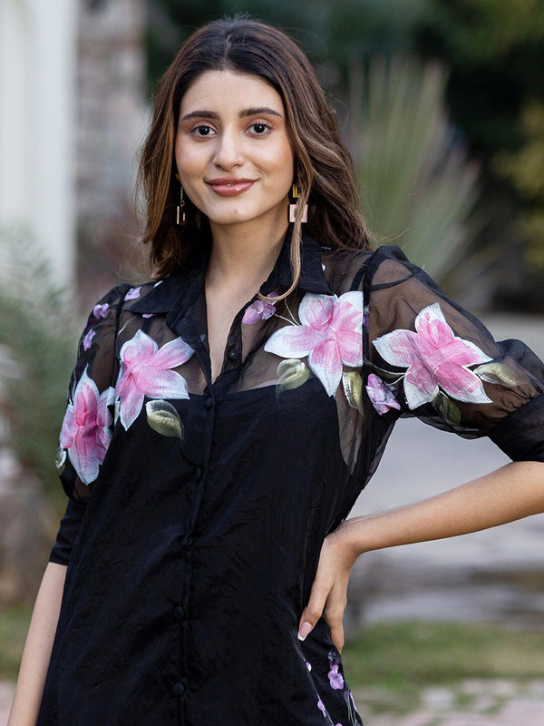 Bhanderi Fashion Orgenza With Floral Net A-Line Dress