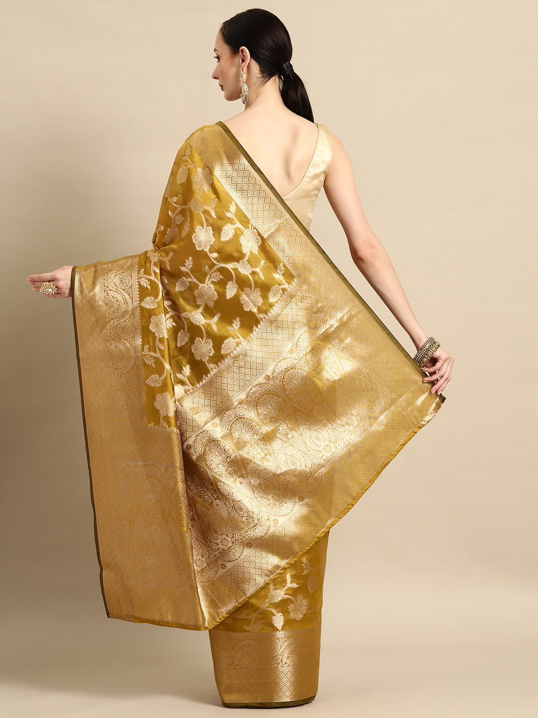 Bhanderi Fashion New Kanjeevaram Jaccard  Ethnic Motifs Zari Organza Saree With Brocade Blouse