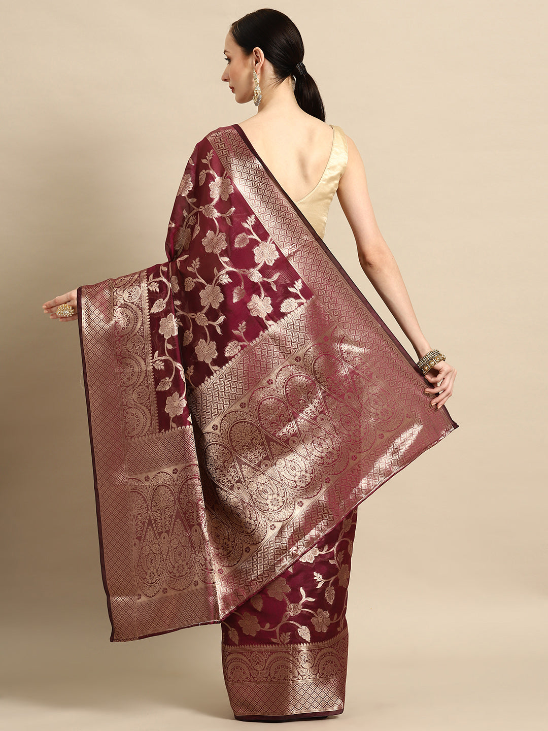 Bhanderi Fashion New Kanjeevaram Jaccard  Ethnic Motifs Zari Organza Saree With Brocade Blouse