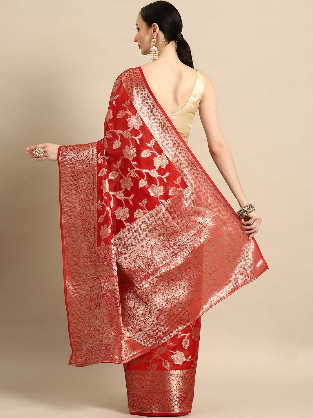 Bhanderi Fashion New Kanjeevaram Jaccard  Ethnic Motifs Zari Organza Saree With Brocade Blouse