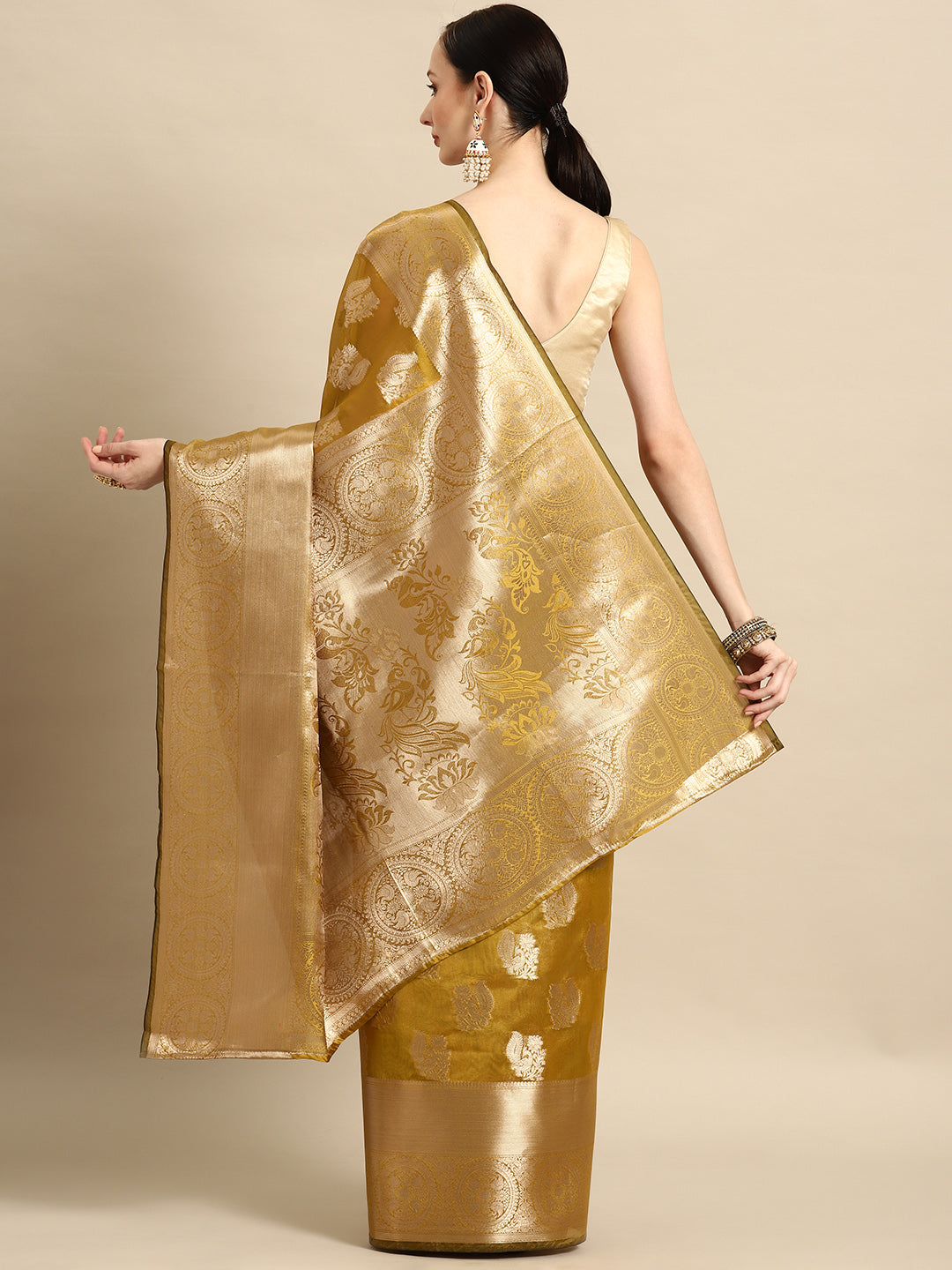 Bhanderi Fashion Latest Kanjeevaram Ethnic Motifs Zari Organza Saree With Brocade Blouse