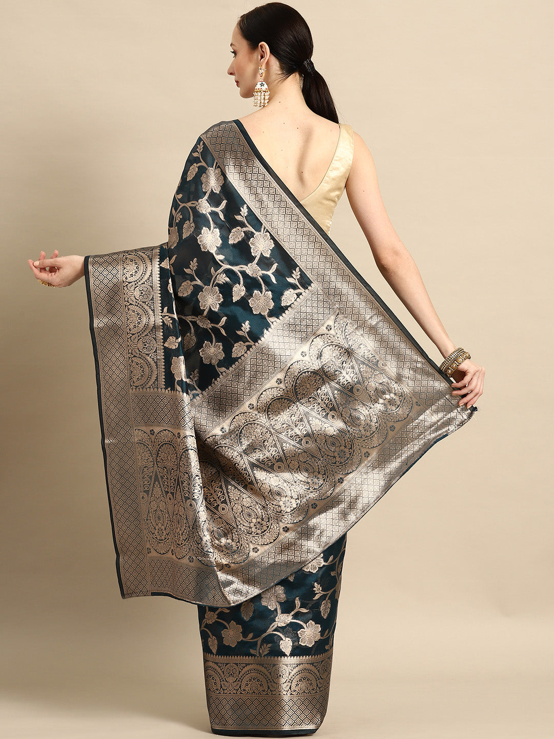 Bhanderi Fashion New Kanjeevaram Jaccard  Ethnic Motifs Zari Organza Saree With Brocade Blouse