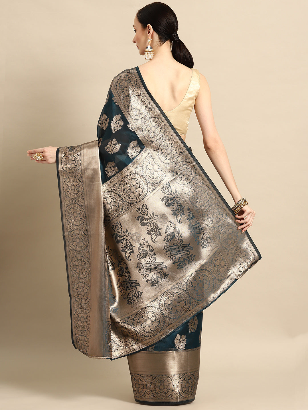 Bhanderi Fashion Latest Kanjeevaram Ethnic Motifs Zari Organza Saree With Brocade Blouse