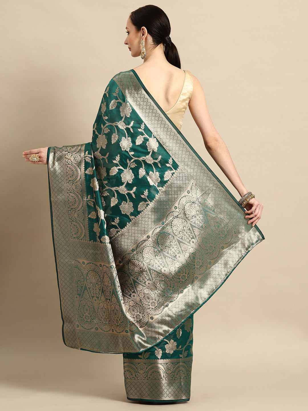 Bhanderi Fashion New Kanjeevaram Jaccard  Ethnic Motifs Zari Organza Saree With Brocade Blouse