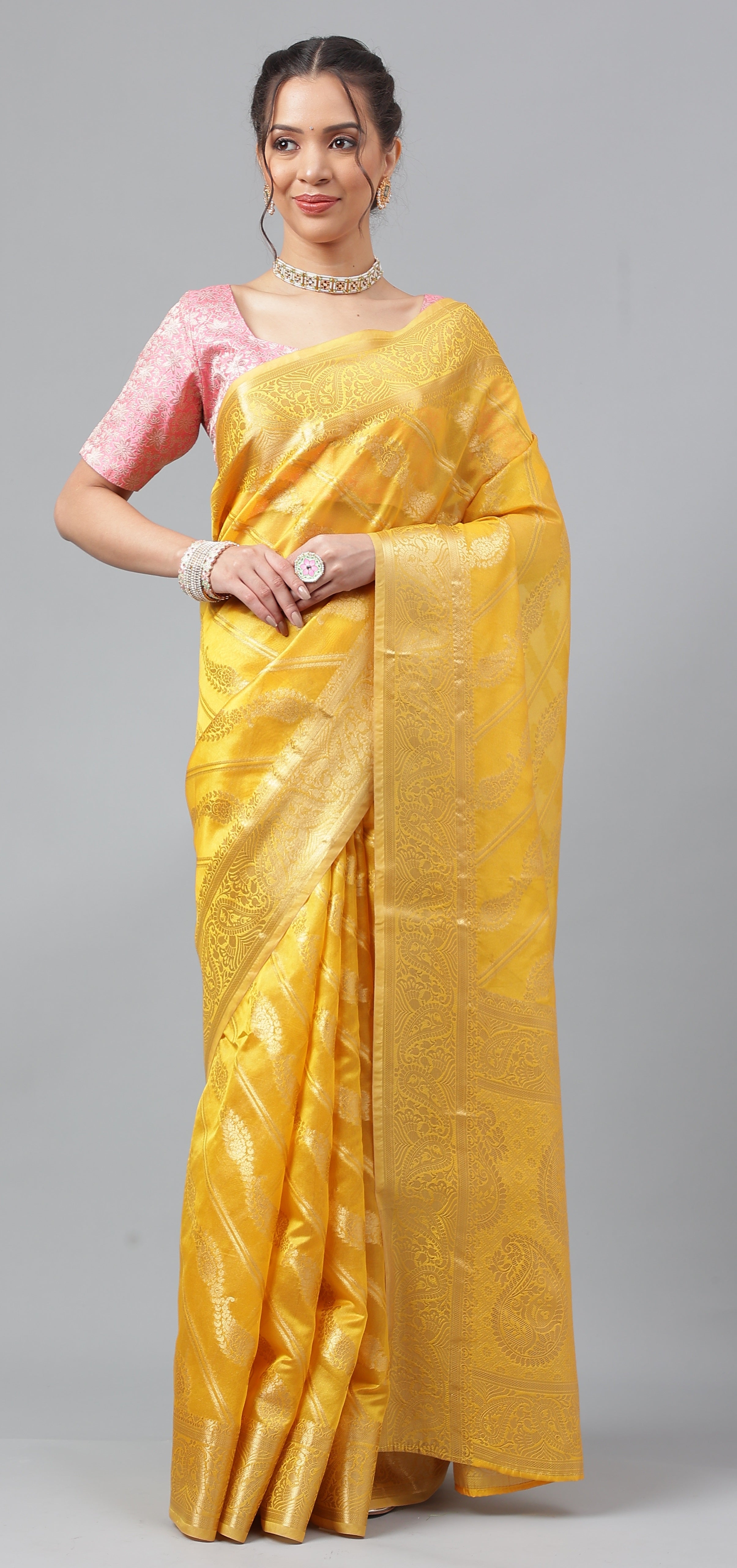 Bhanderi Fashion Jaccard  Kanjeevaram Ethnic Motifs Zari Organza Saree With Brocade Blouse For Casual Wear and Festival Wear And Party wear