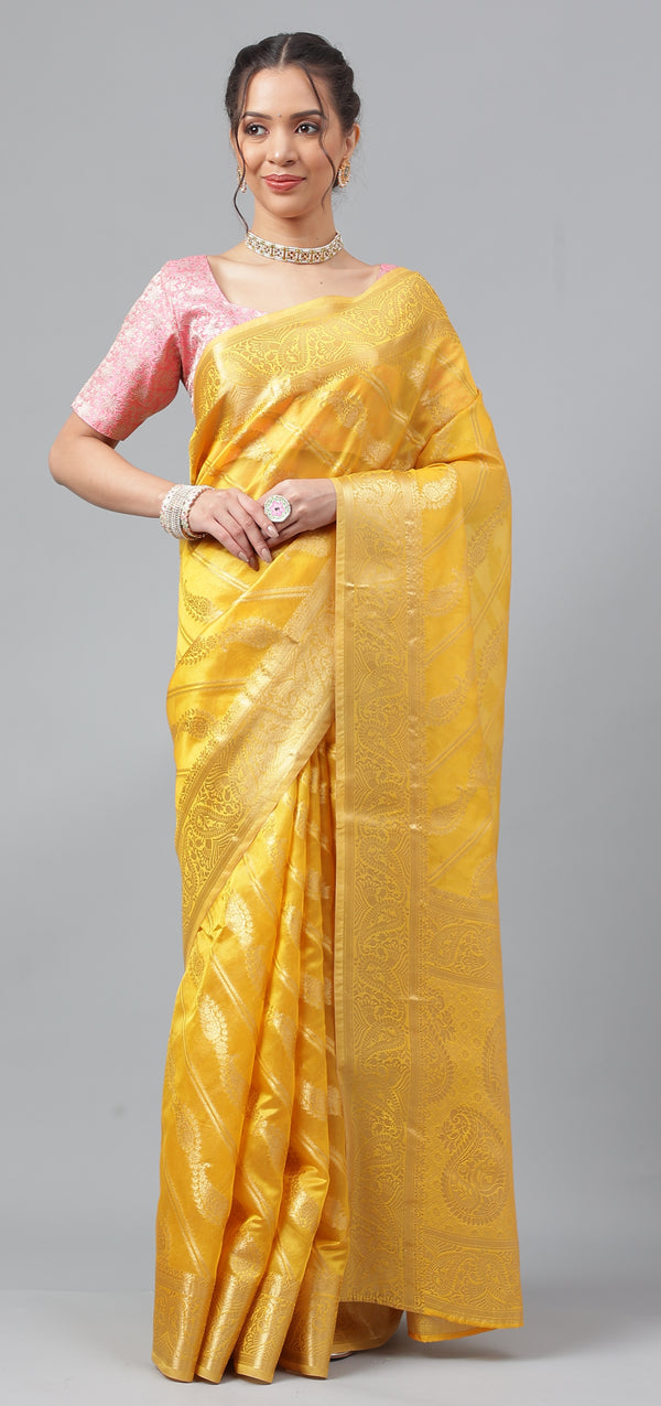 Bhanderi Fashion Jaccard  Kanjeevaram Ethnic Motifs Zari Organza Saree With Brocade Blouse For Casual Wear and Festival Wear And Party wear