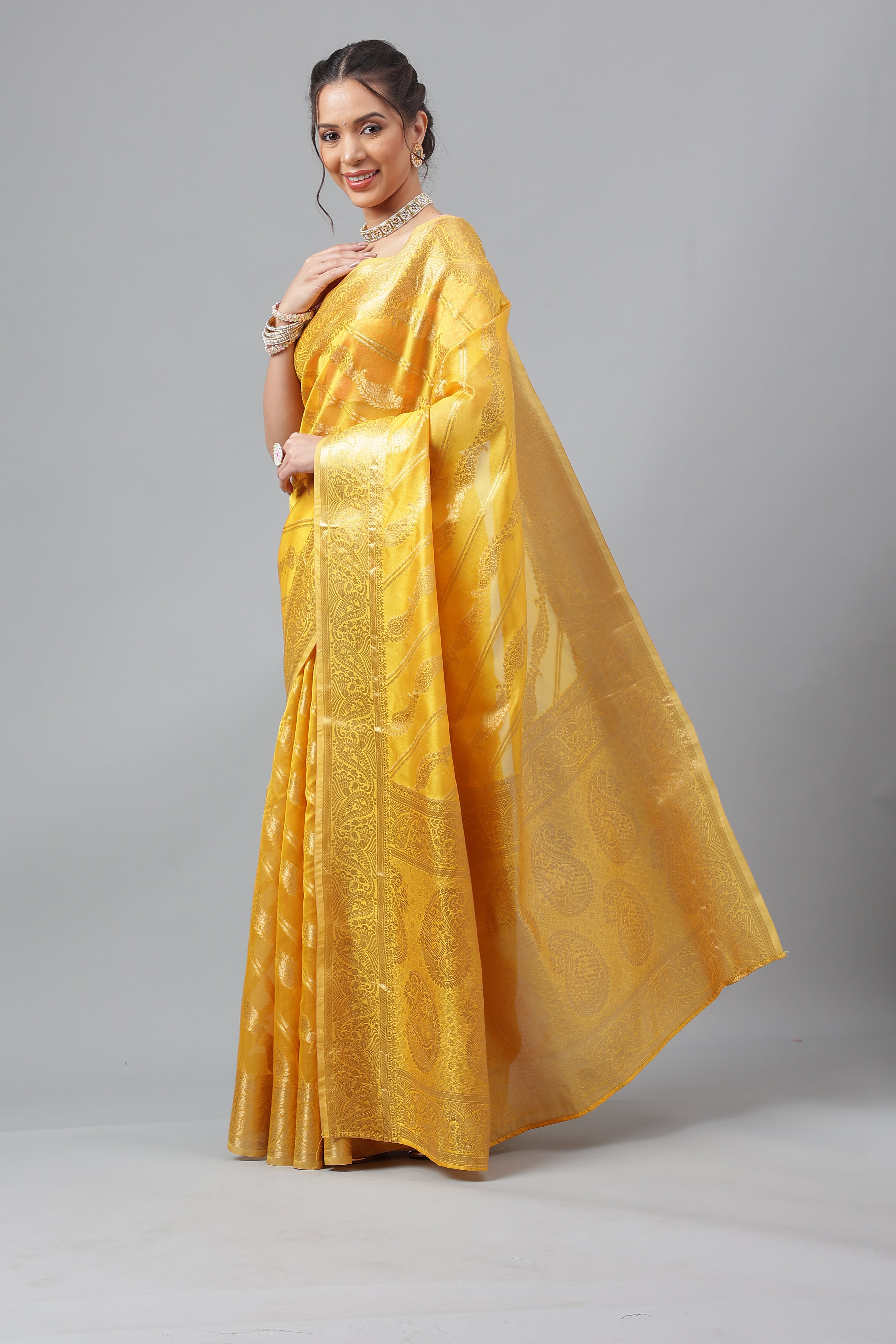 Bhanderi Fashion Jaccard  Kanjeevaram Ethnic Motifs Zari Organza Saree With Brocade Blouse For Casual Wear and Festival Wear And Party wear
