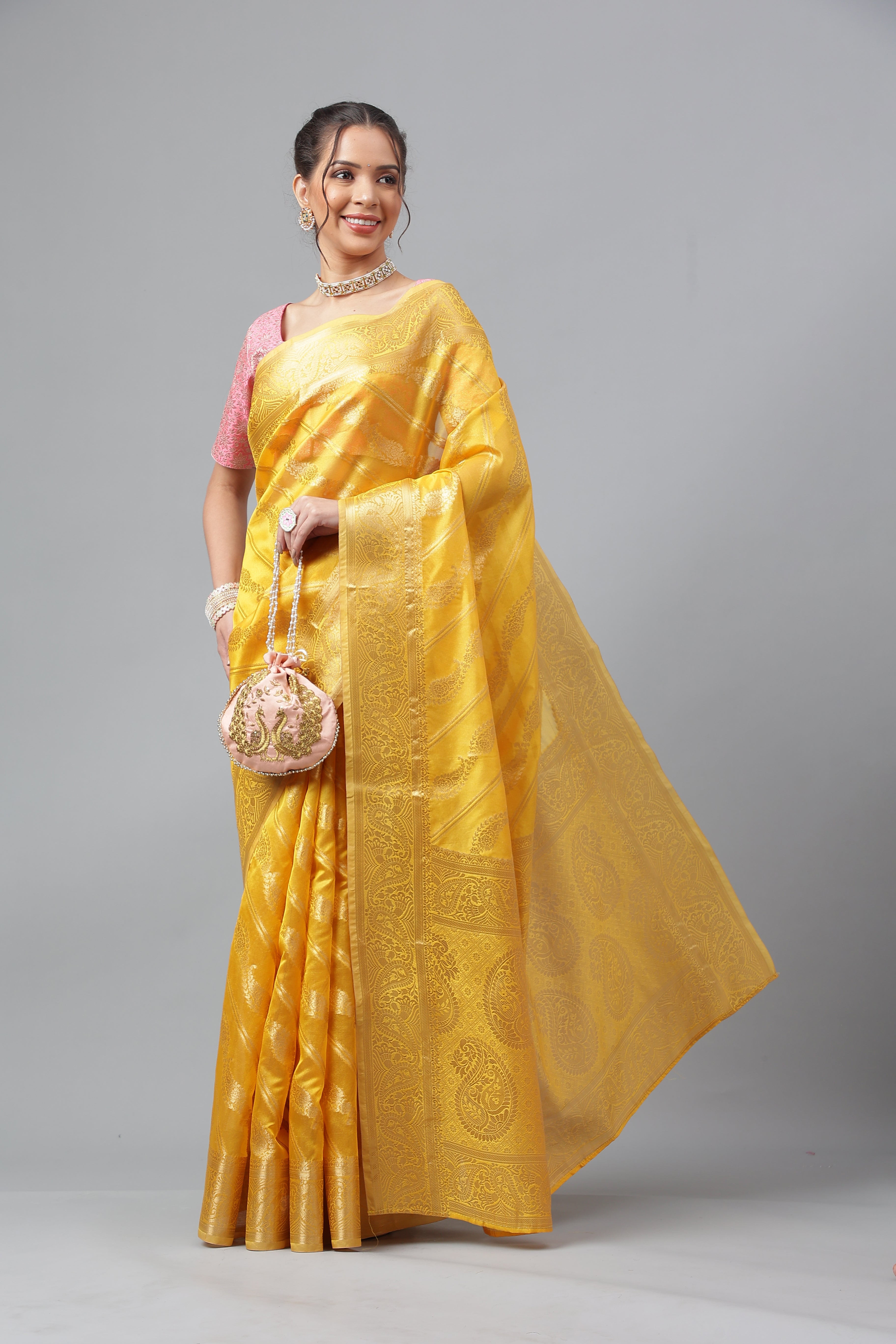 Bhanderi Fashion Jaccard  Kanjeevaram Ethnic Motifs Zari Organza Saree With Brocade Blouse For Casual Wear and Festival Wear And Party wear
