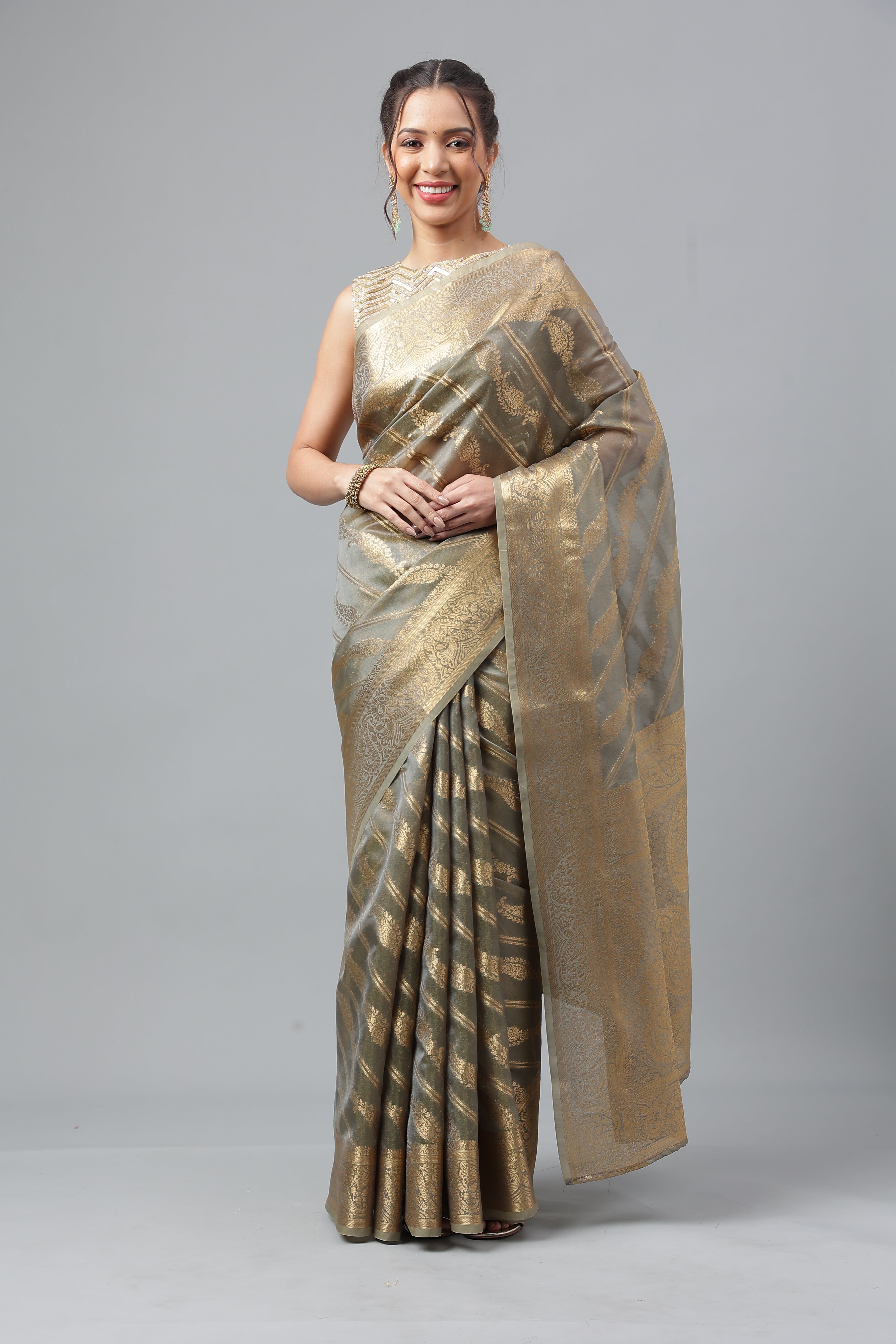 Bhanderi Fashion Jaccard  Kanjeevaram Ethnic Motifs Zari Organza Saree With Brocade Blouse For Casual Wear and Festival Wear And Party wear