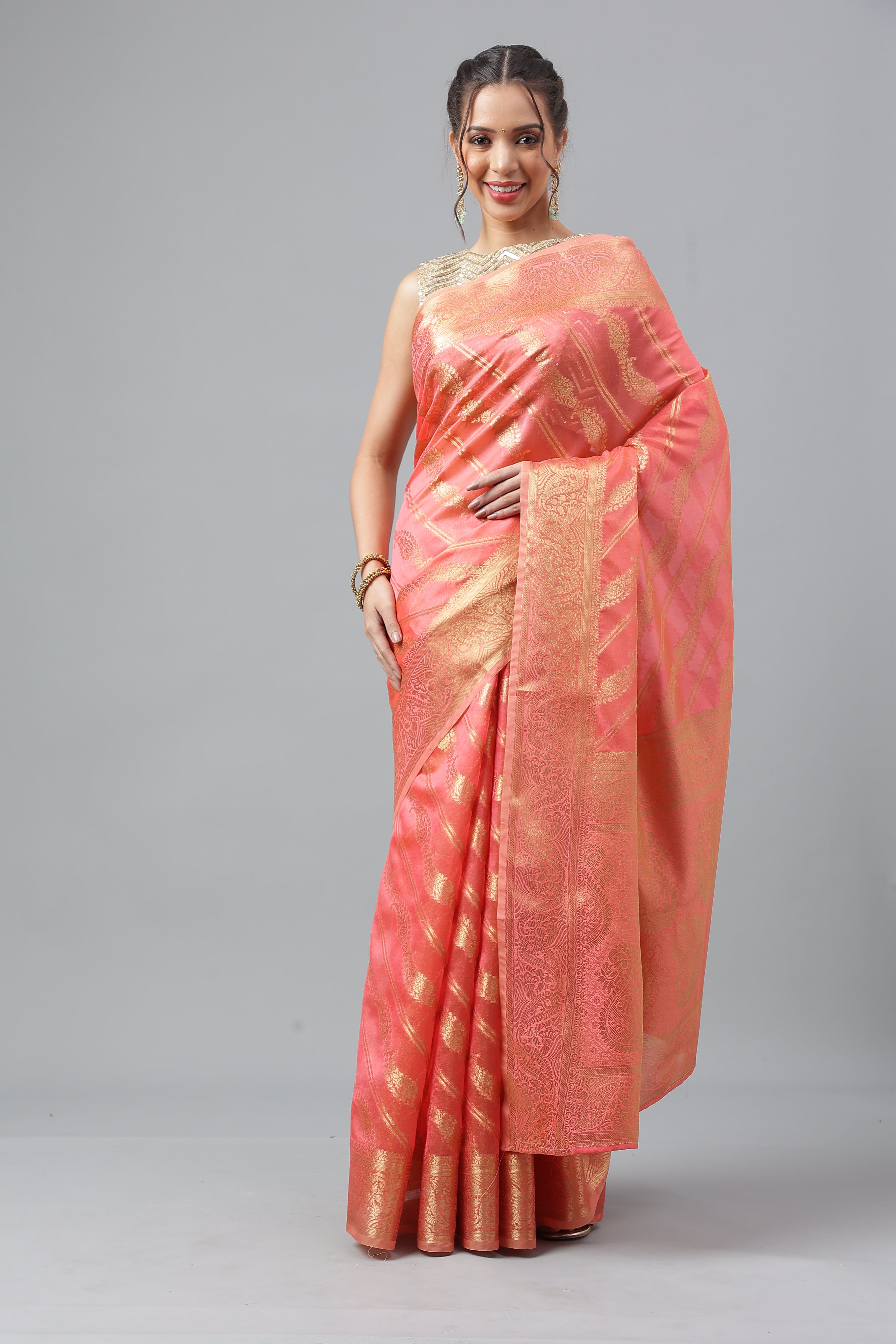 Bhanderi Fashion Jaccard  Kanjeevaram Ethnic Motifs Zari Organza Saree With Brocade Blouse For Casual Wear and Festival Wear And Party wear