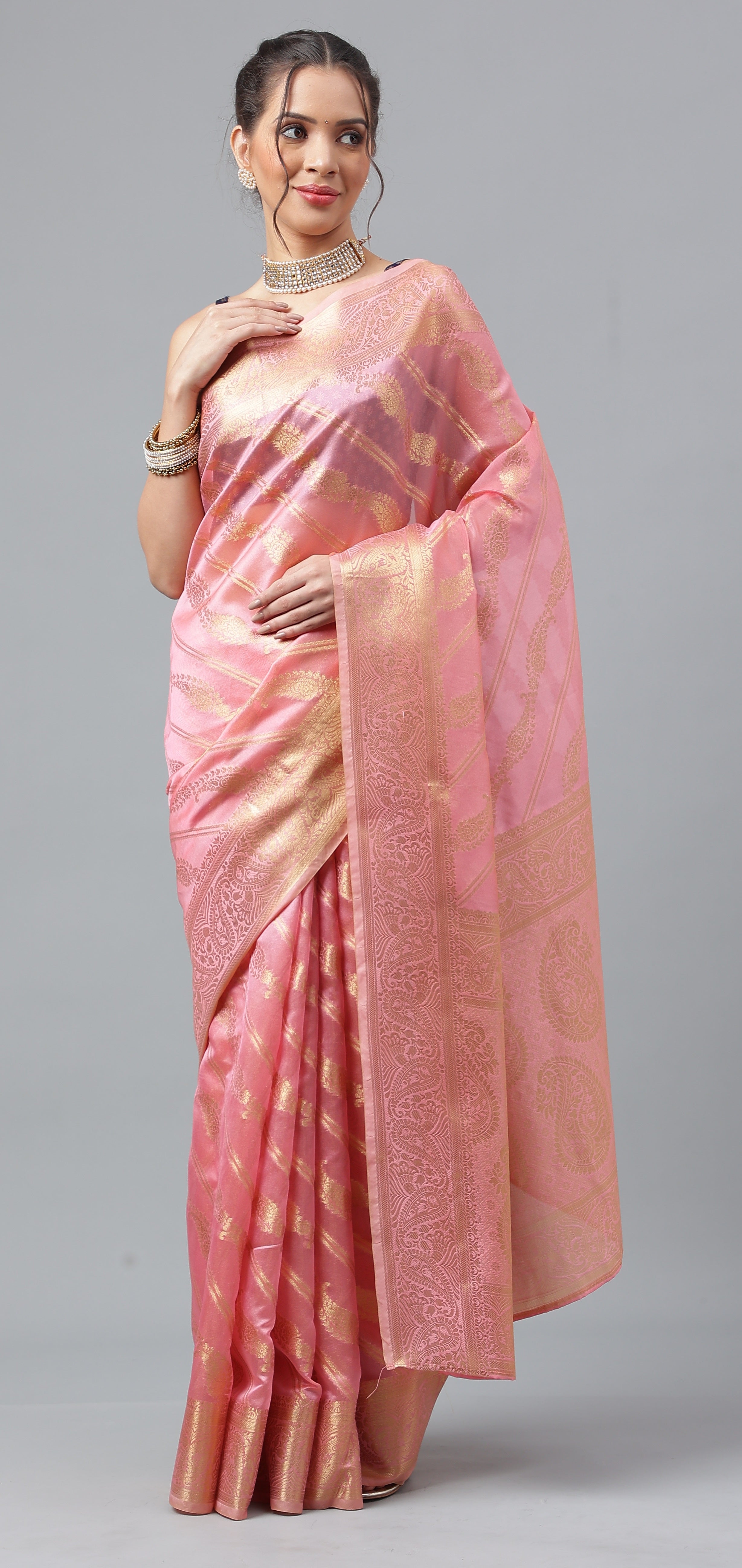 Bhanderi Fashion Jaccard  Kanjeevaram Ethnic Motifs Zari Organza Saree With Brocade Blouse For Casual Wear and Festival Wear And Party wear
