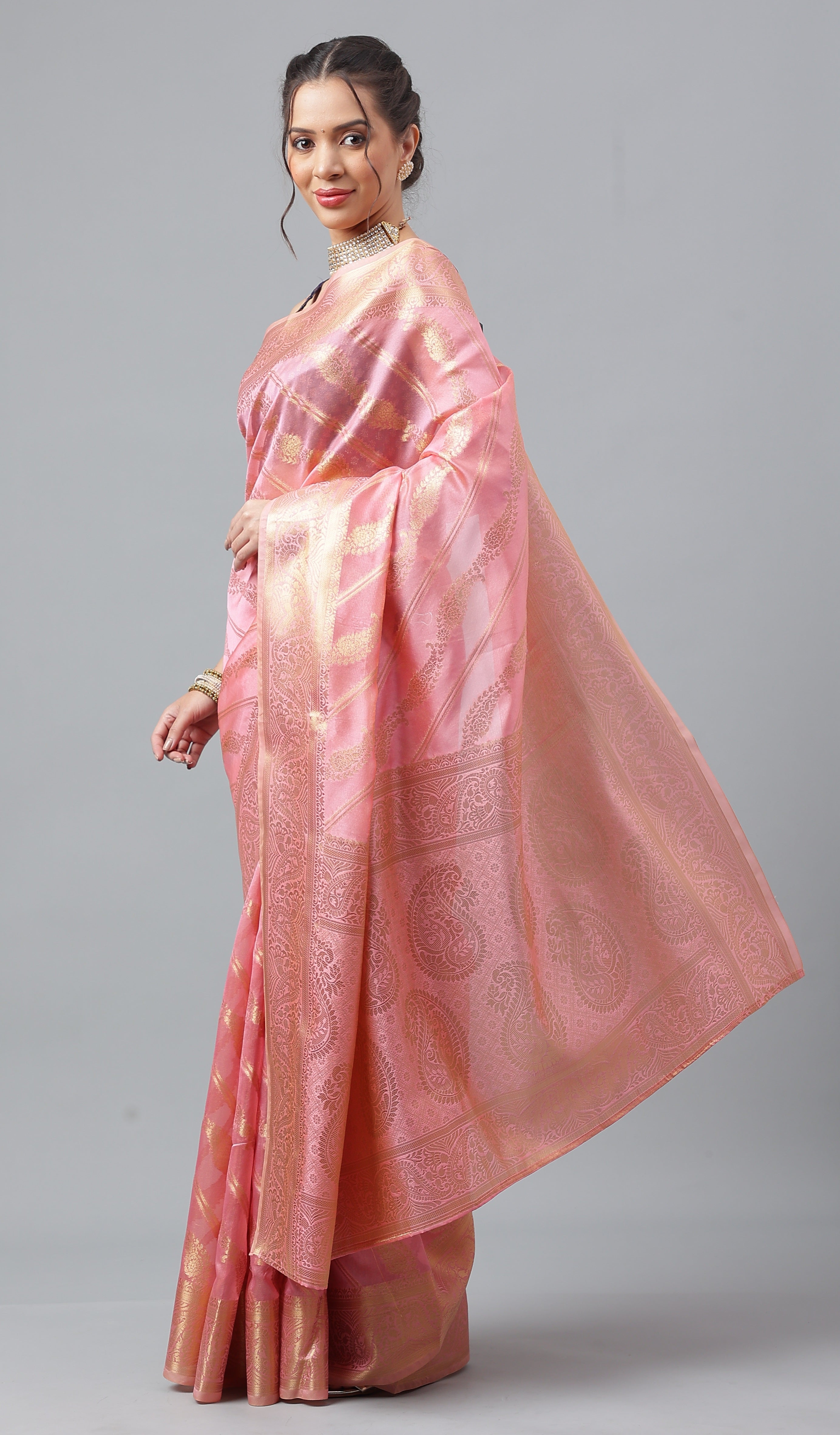 Bhanderi Fashion Jaccard  Kanjeevaram Ethnic Motifs Zari Organza Saree With Brocade Blouse For Casual Wear and Festival Wear And Party wear