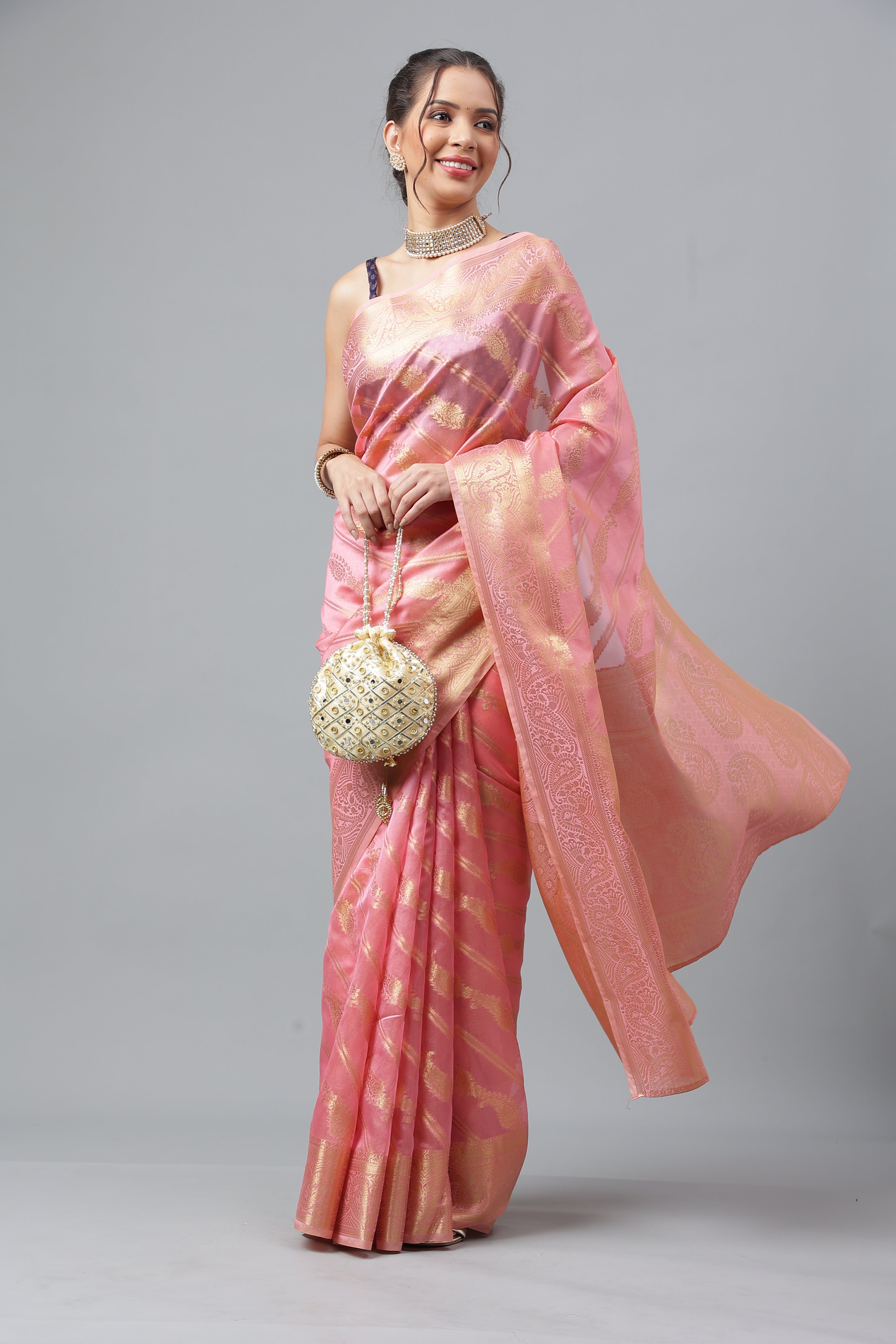 Bhanderi Fashion Jaccard  Kanjeevaram Ethnic Motifs Zari Organza Saree With Brocade Blouse For Casual Wear and Festival Wear And Party wear