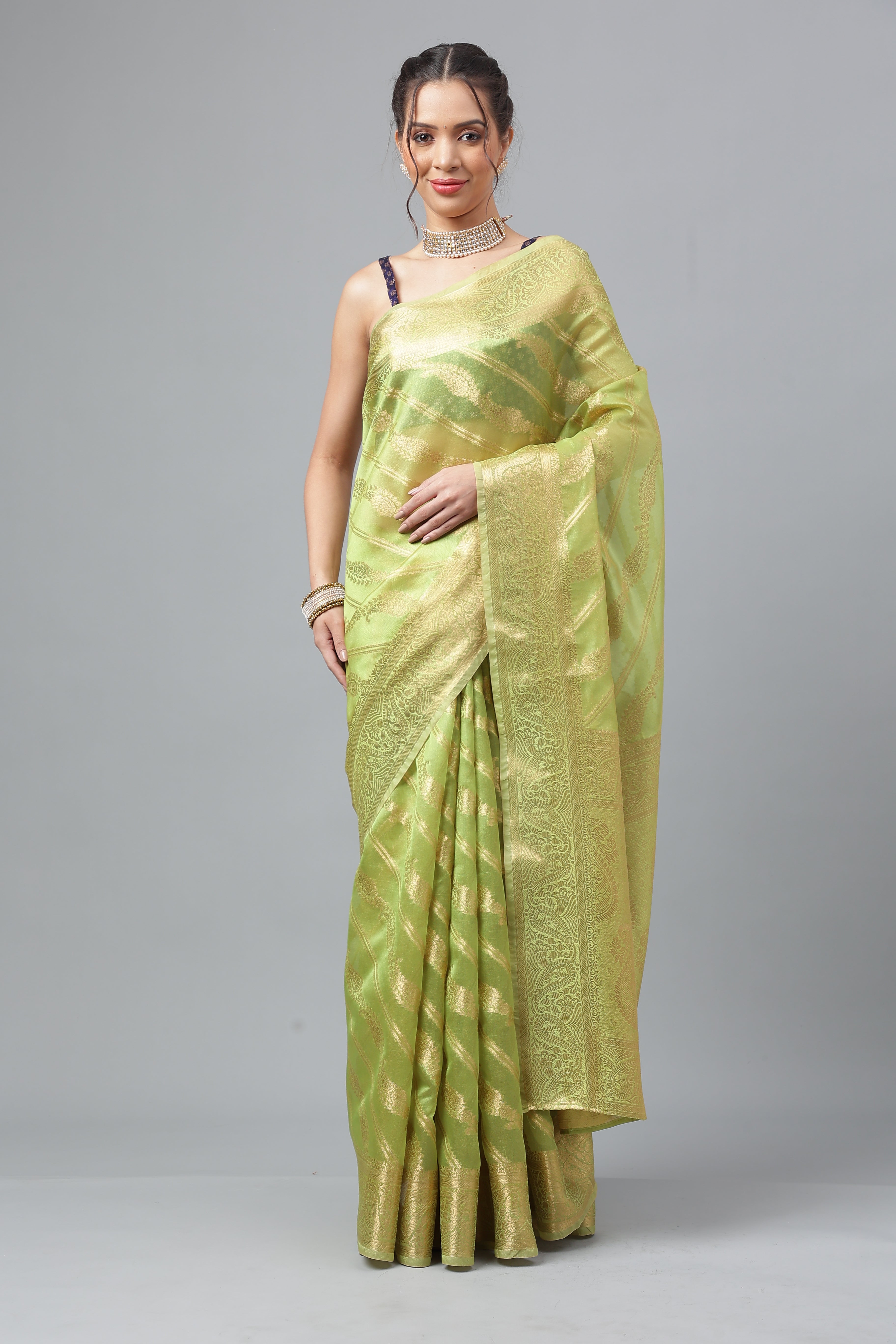 Bhanderi Fashion Jaccard  Kanjeevaram Ethnic Motifs Zari Organza Saree With Brocade Blouse For Casual Wear and Festival Wear And Party wear