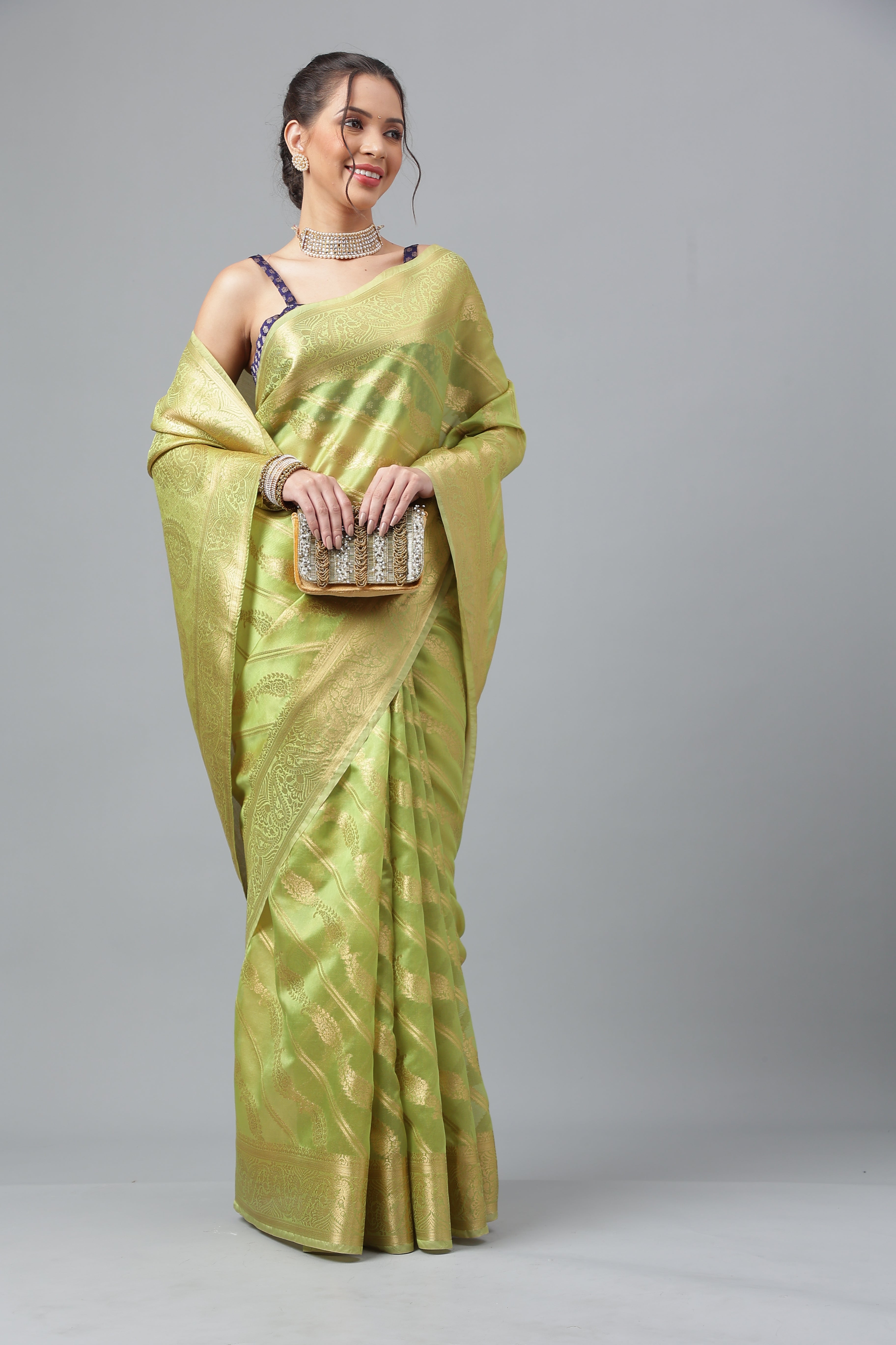 Bhanderi Fashion Jaccard  Kanjeevaram Ethnic Motifs Zari Organza Saree With Brocade Blouse For Casual Wear and Festival Wear And Party wear