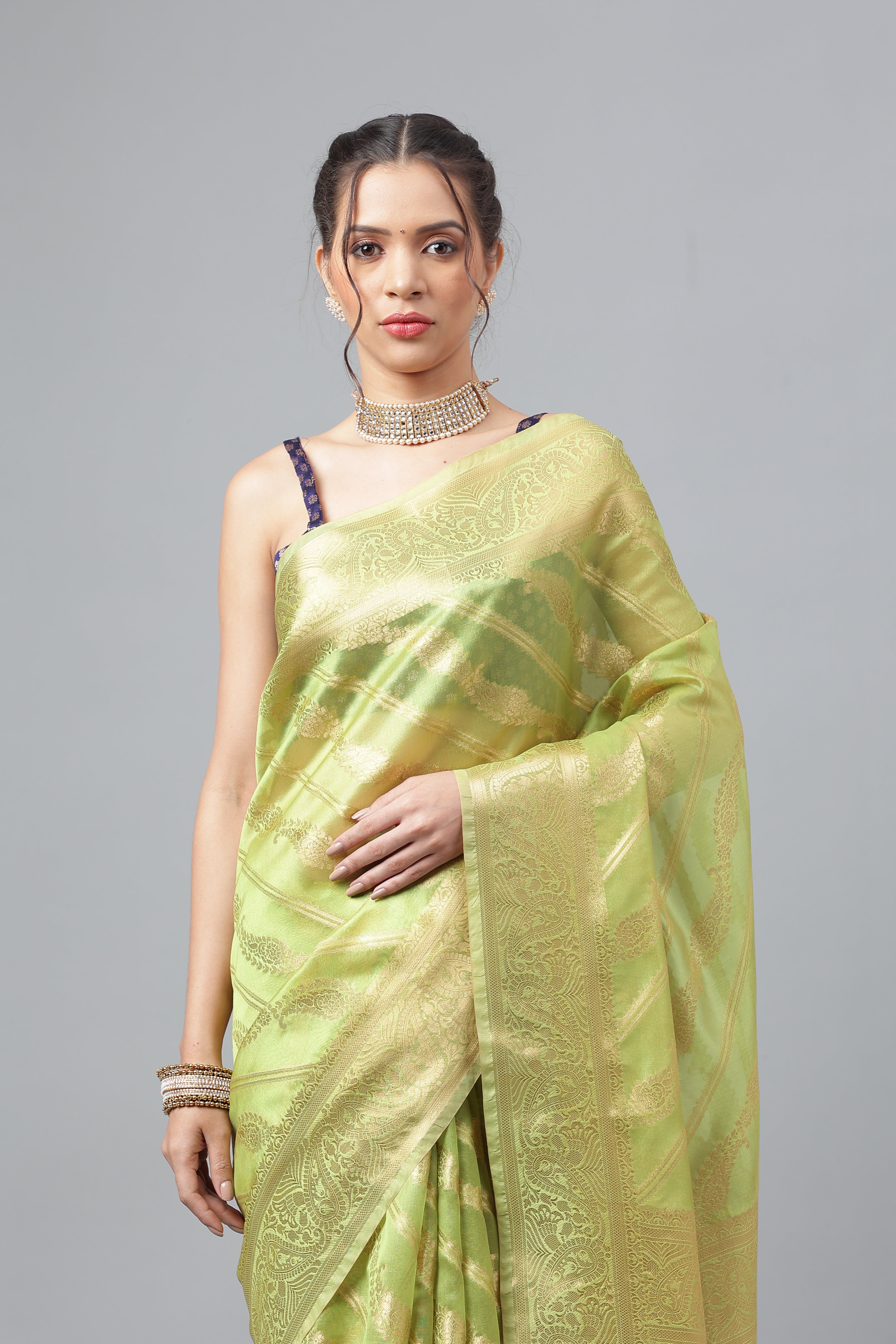Bhanderi Fashion Jaccard  Kanjeevaram Ethnic Motifs Zari Organza Saree With Brocade Blouse For Casual Wear and Festival Wear And Party wear