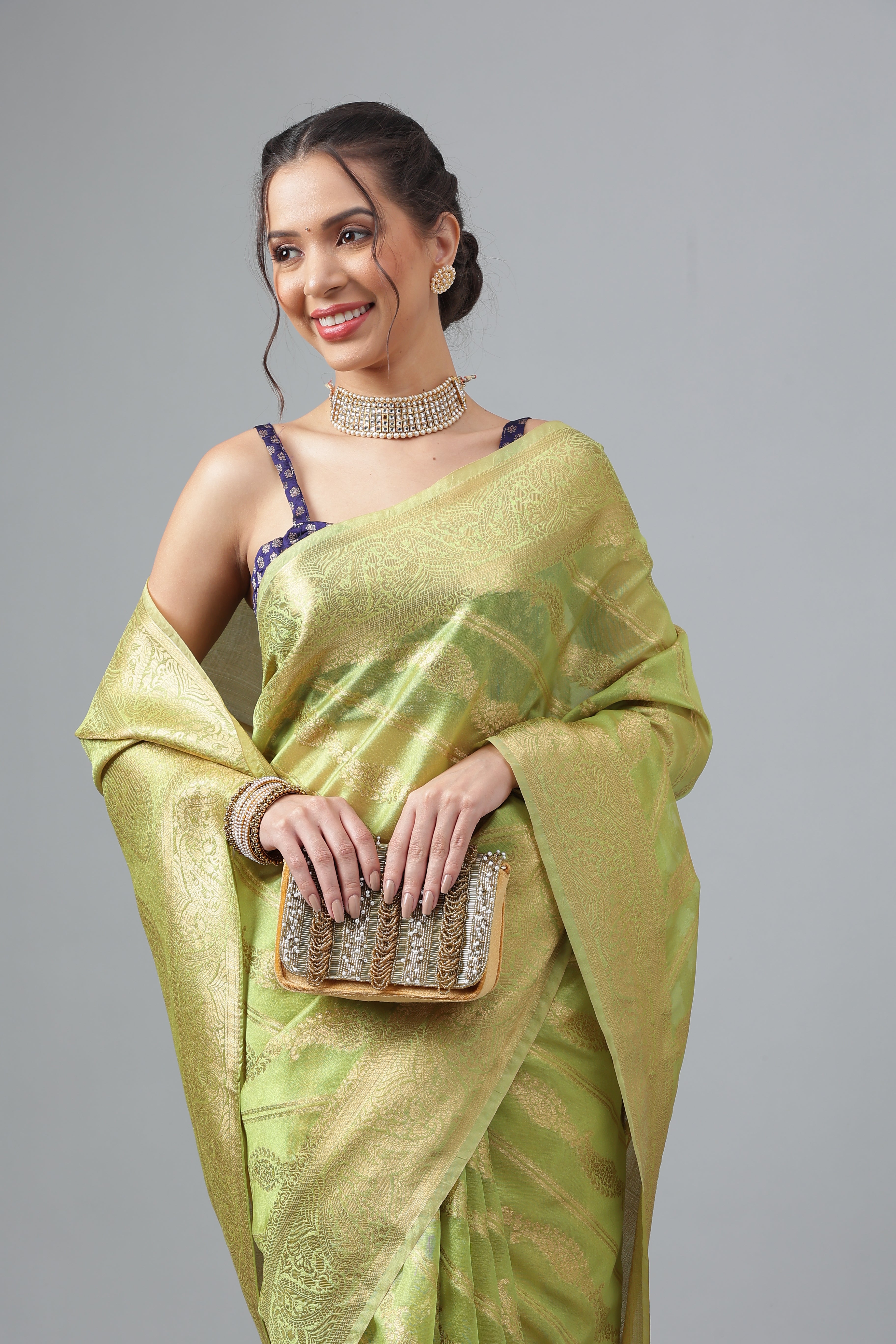 Bhanderi Fashion Jaccard  Kanjeevaram Ethnic Motifs Zari Organza Saree With Brocade Blouse For Casual Wear and Festival Wear And Party wear