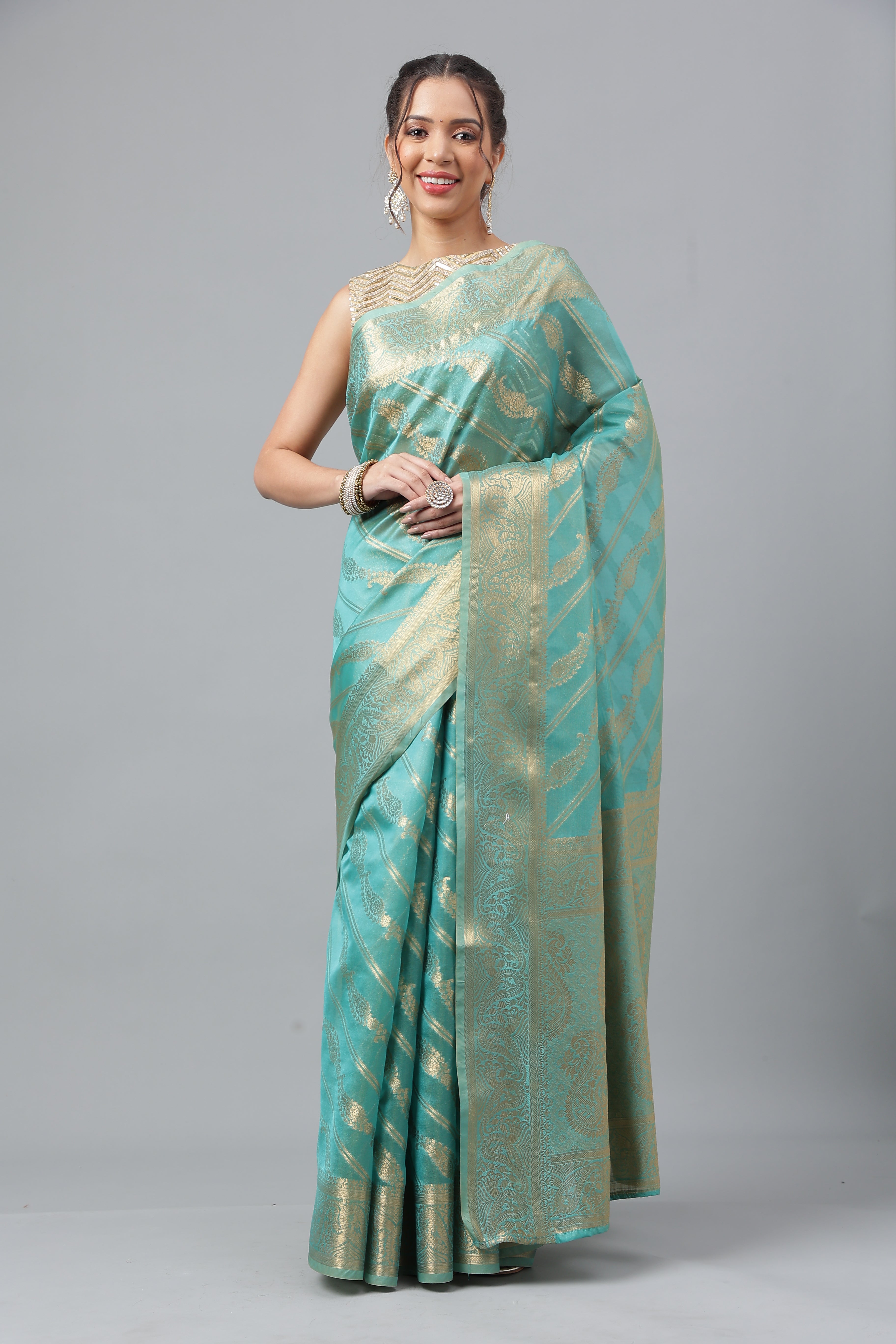 Bhanderi Fashion Jaccard  Kanjeevaram Ethnic Motifs Zari Organza Saree With Brocade Blouse For Casual Wear and Festival Wear And Party wear