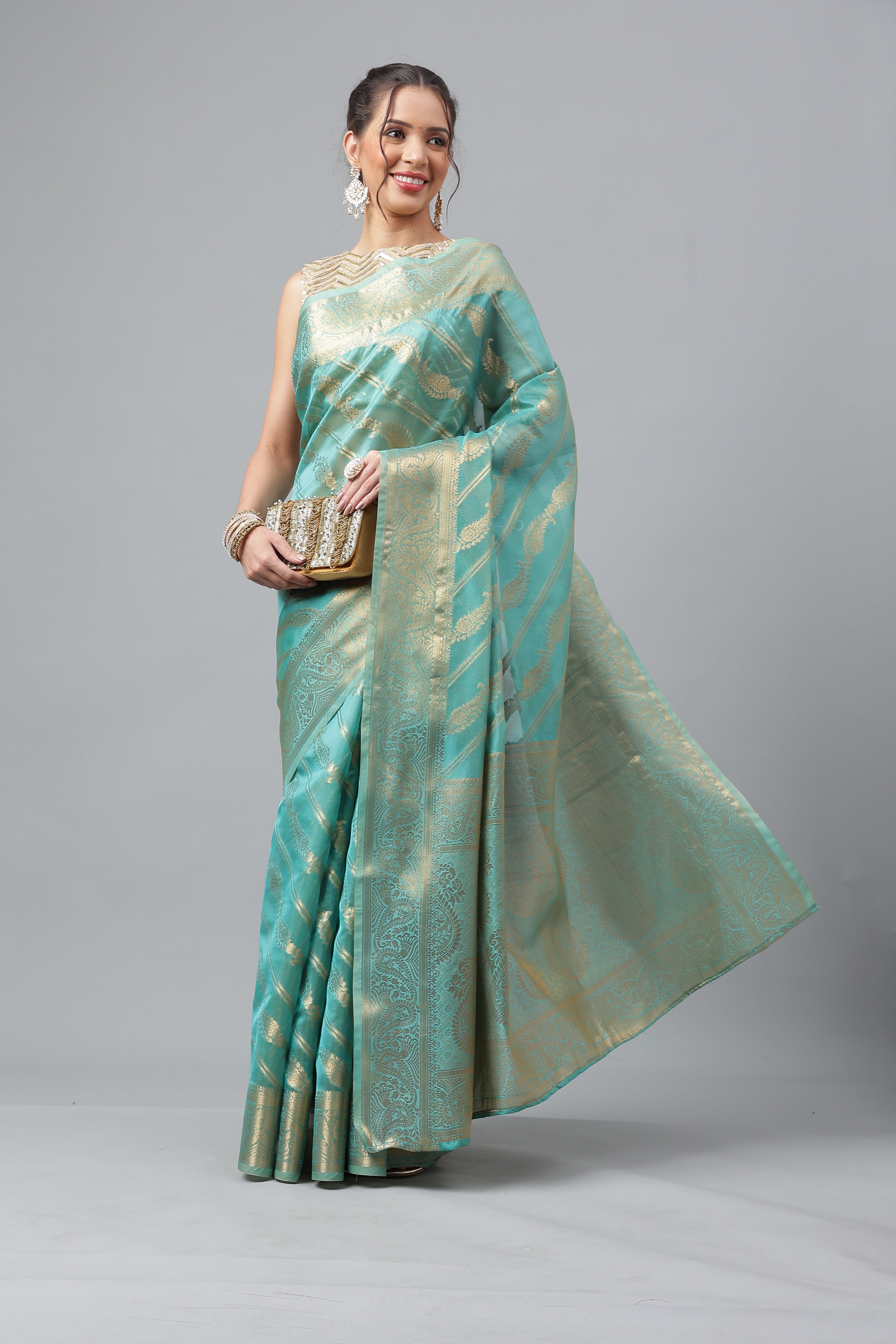 Bhanderi Fashion Jaccard  Kanjeevaram Ethnic Motifs Zari Organza Saree With Brocade Blouse For Casual Wear and Festival Wear And Party wear