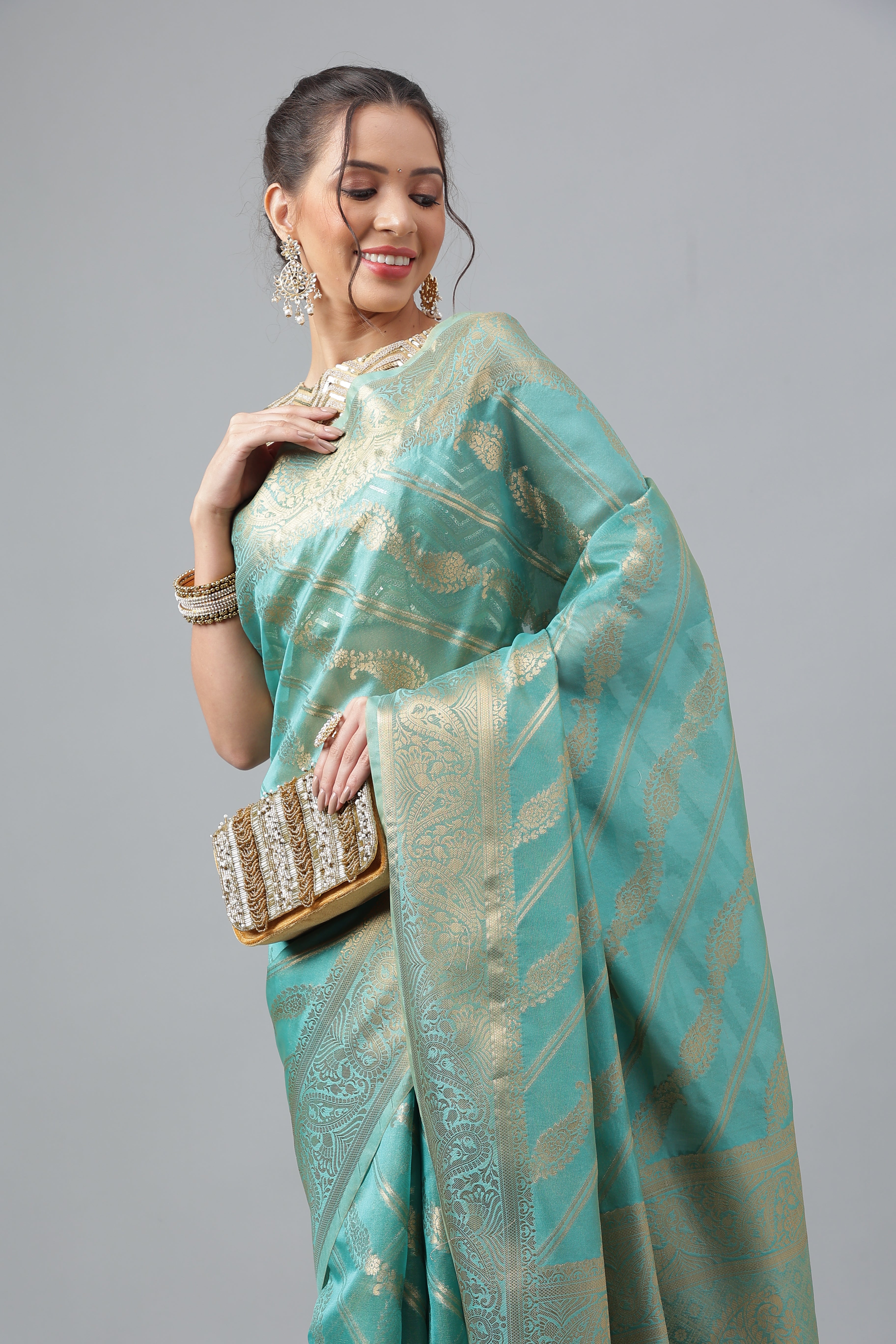 Bhanderi Fashion Jaccard  Kanjeevaram Ethnic Motifs Zari Organza Saree With Brocade Blouse For Casual Wear and Festival Wear And Party wear